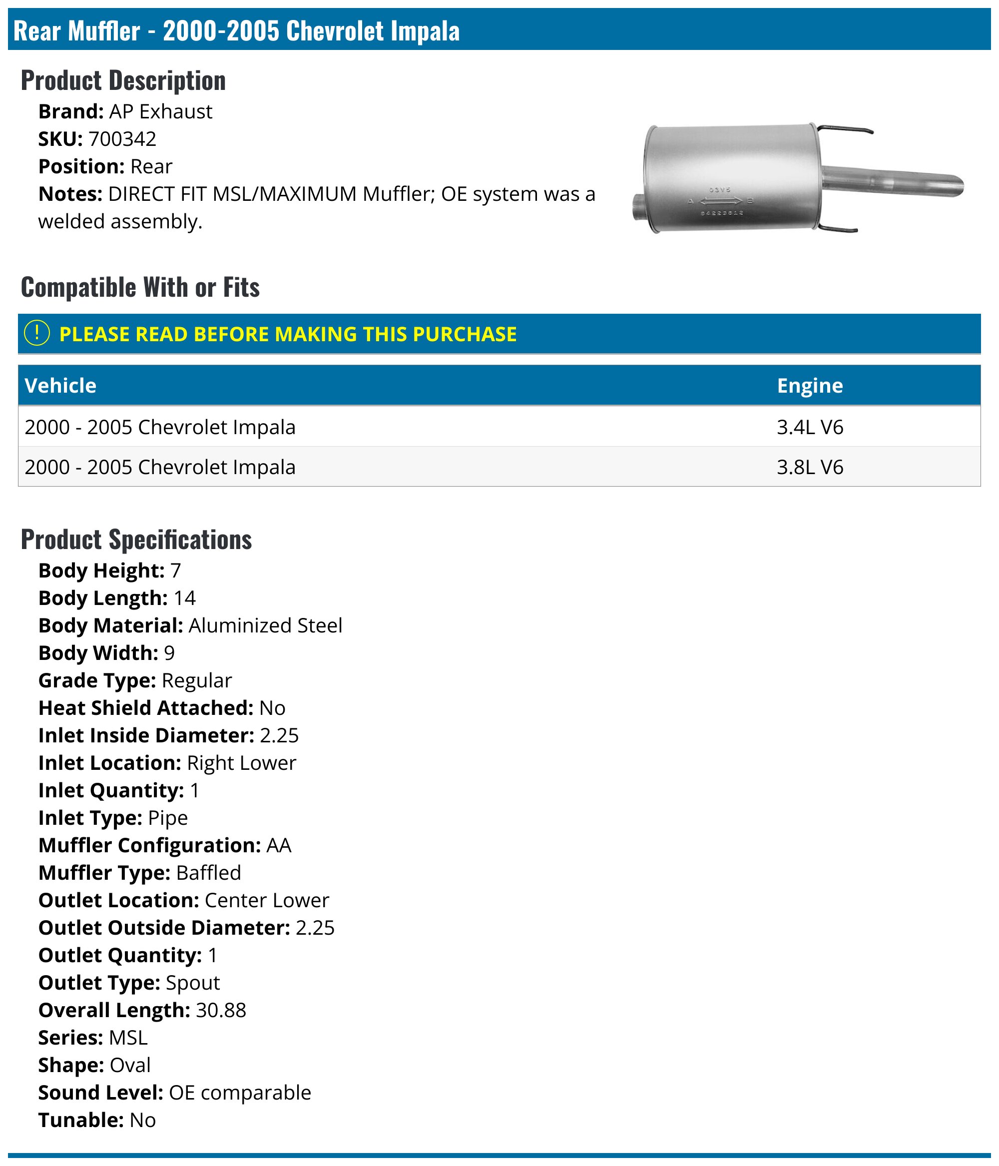 For 2003 2004 2005 Chevrolet Impala 3.4L & 3.8L Muffler Tail Pipe For 2003 2004 2005 Chevrolet Impala 3.4L & 3.8L Muffler Tail Pipe