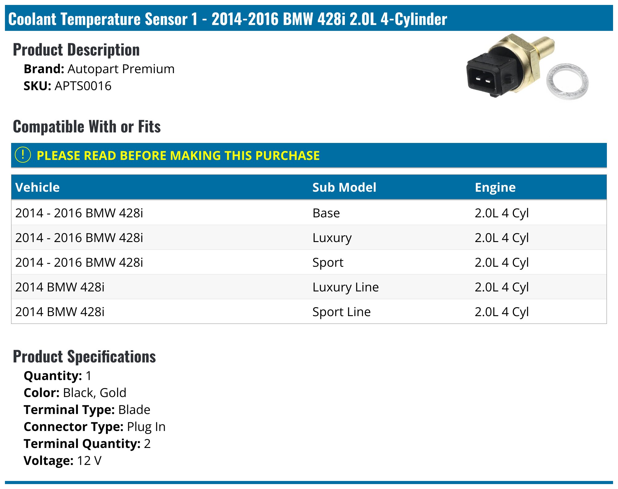 2014-2016 BMW 428i Engine Coolant Temperature Sensor - Autopart Premium ...