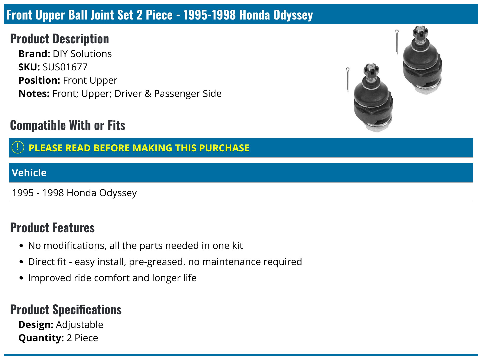 19951998 Honda Odyssey Ball Joint DIY Solutions SUS01677 Front