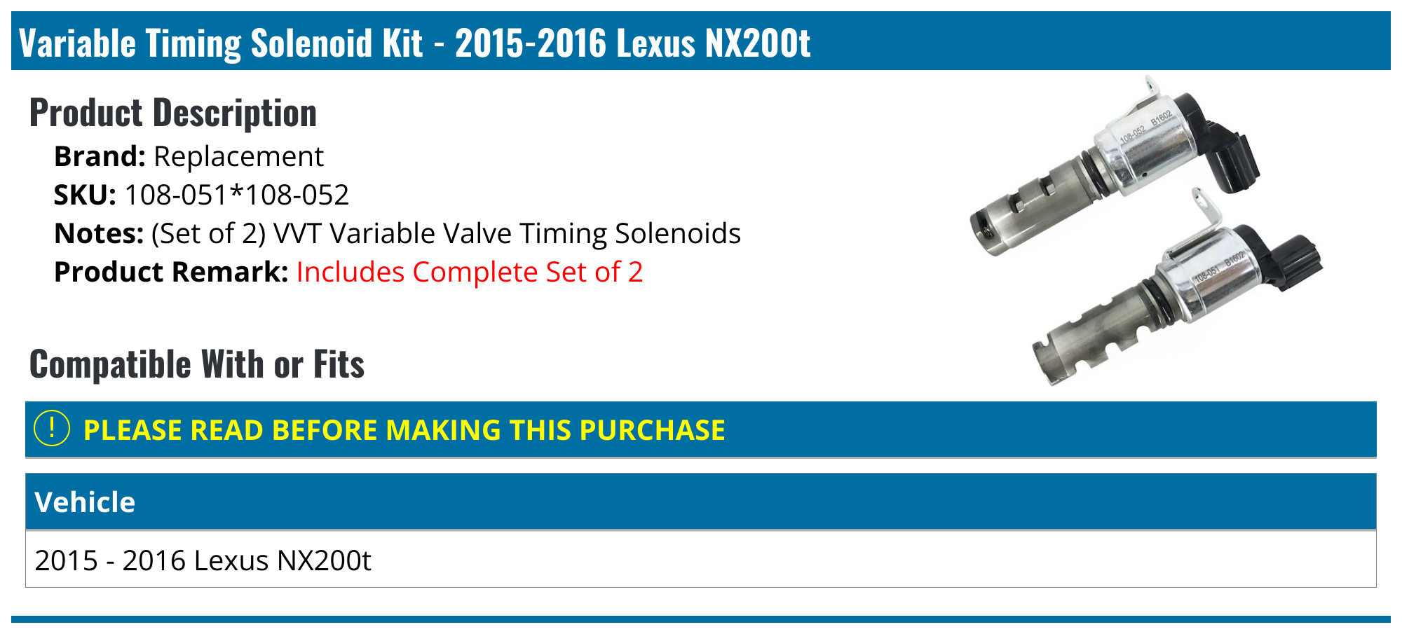 20152016 Lexus NX200t Variable Timing Solenoid Replacement 108051*108052