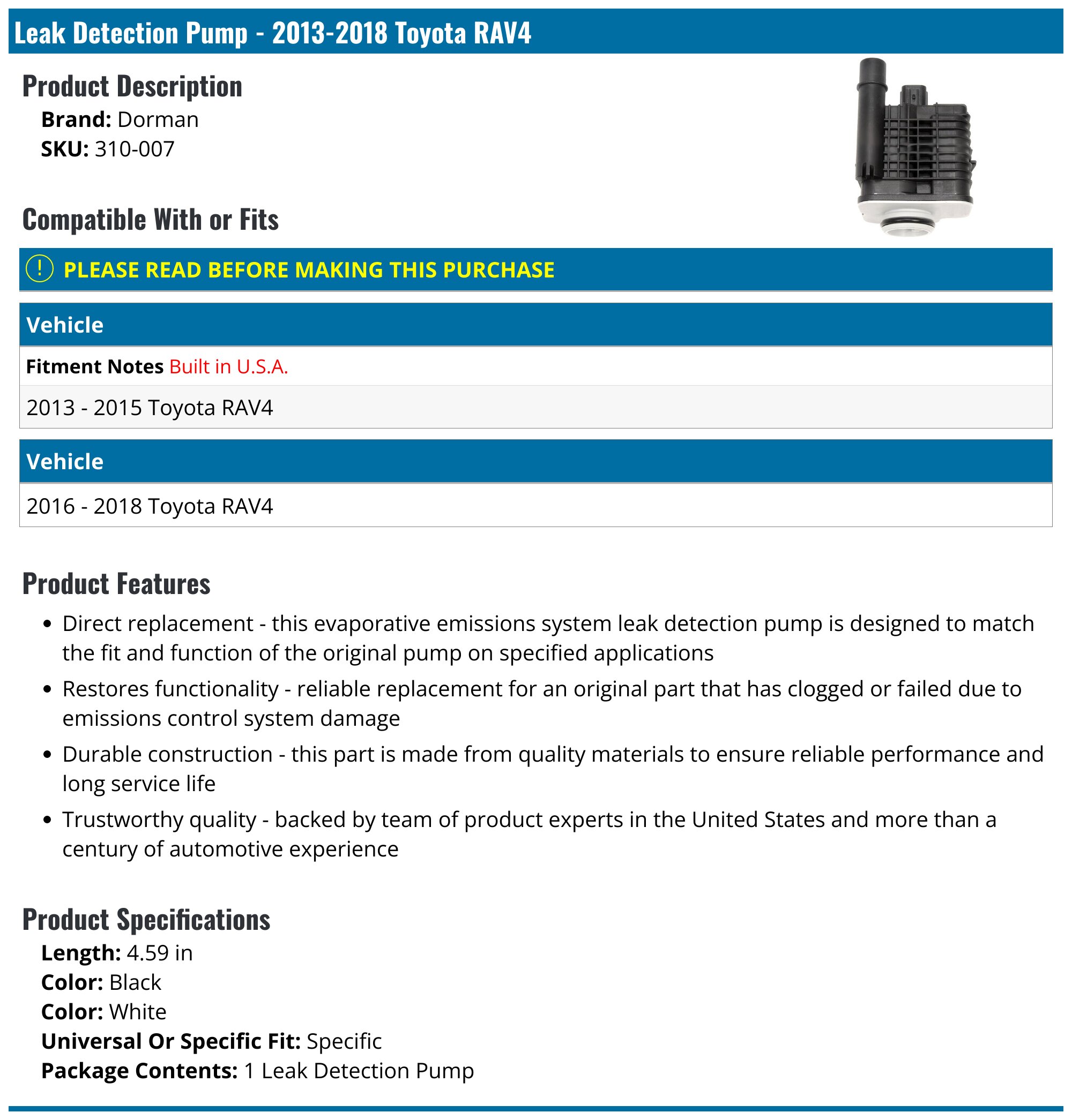 310-007 Fuel Vapor Leak Detection Pump | Replacement For Cadillac, Chevrolet, Toyota, Lexus