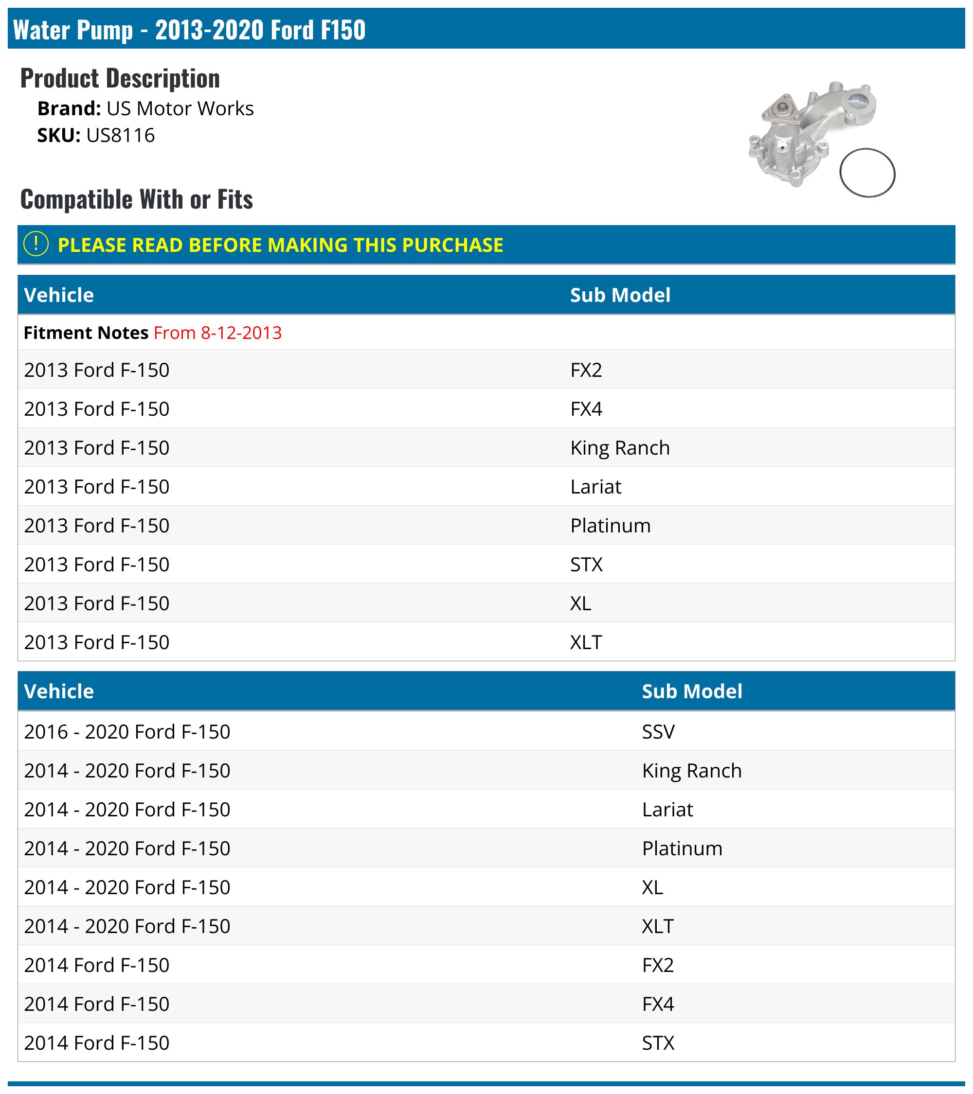 2013-2025 Ford F150 Water Pump - US Motor Works US8116 - PartsGeek.com
