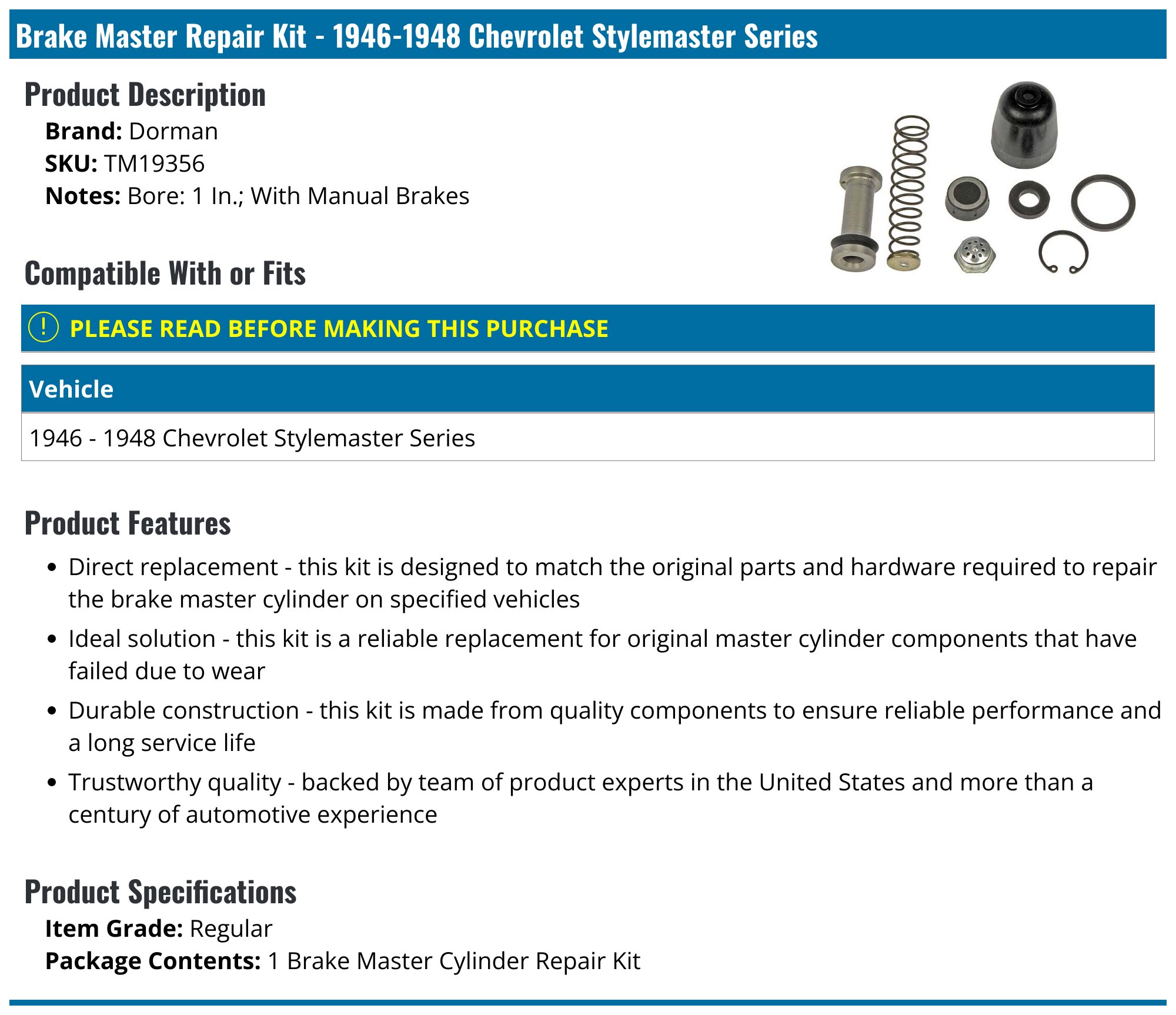 Dorman TM19356 Brake Master Cylinder Repair Kit