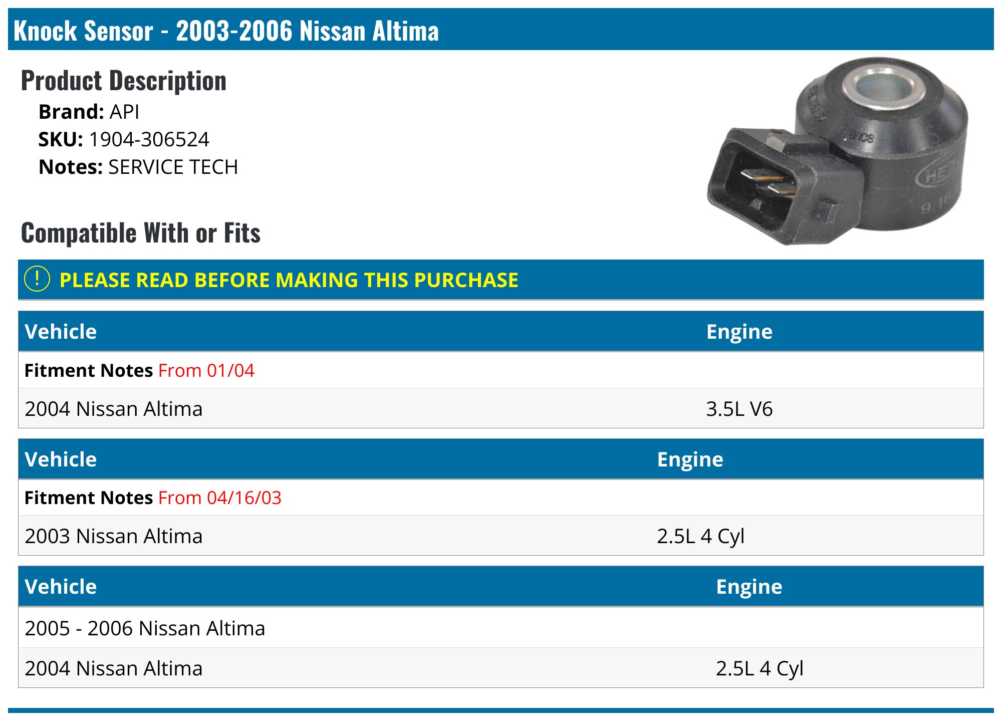 20032006 Nissan Altima Knock Sensor API 667807175777