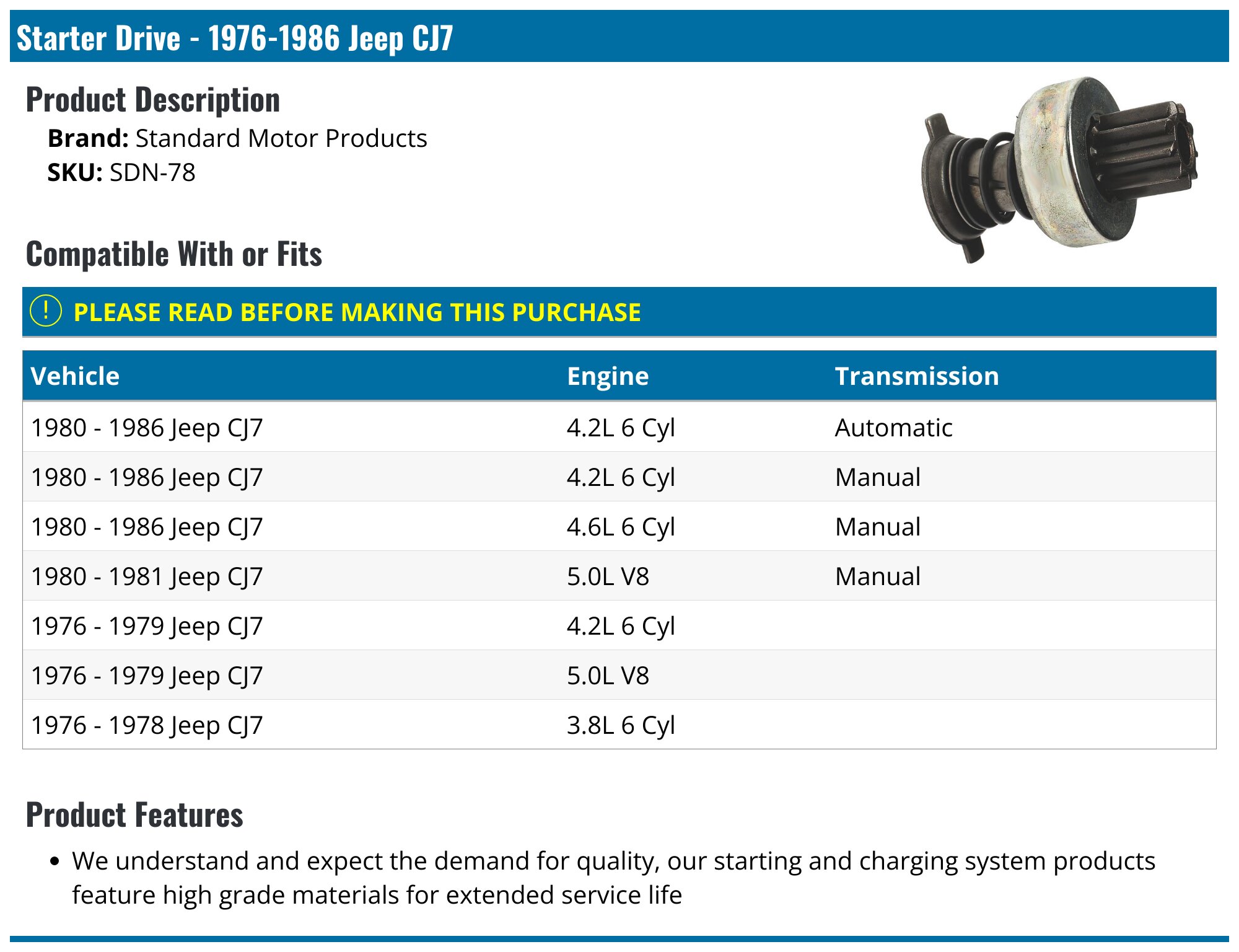 1976-1986 Jeep CJ7 Starter Drive - Standard Motor Products SDN-78