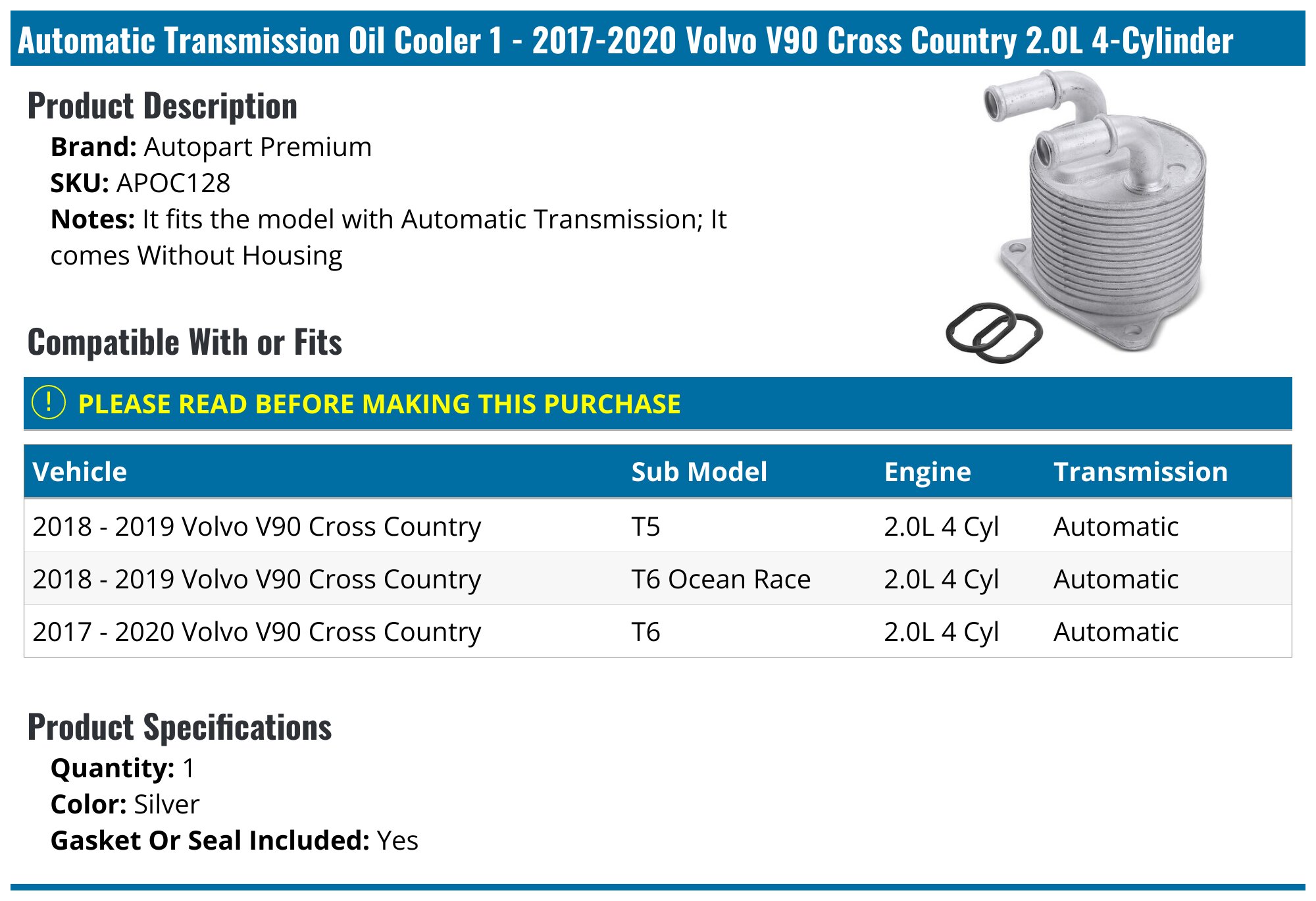 968757 2017-2020 Volvo V90 Cross Country Automatic Transmission Oil Cooler ...