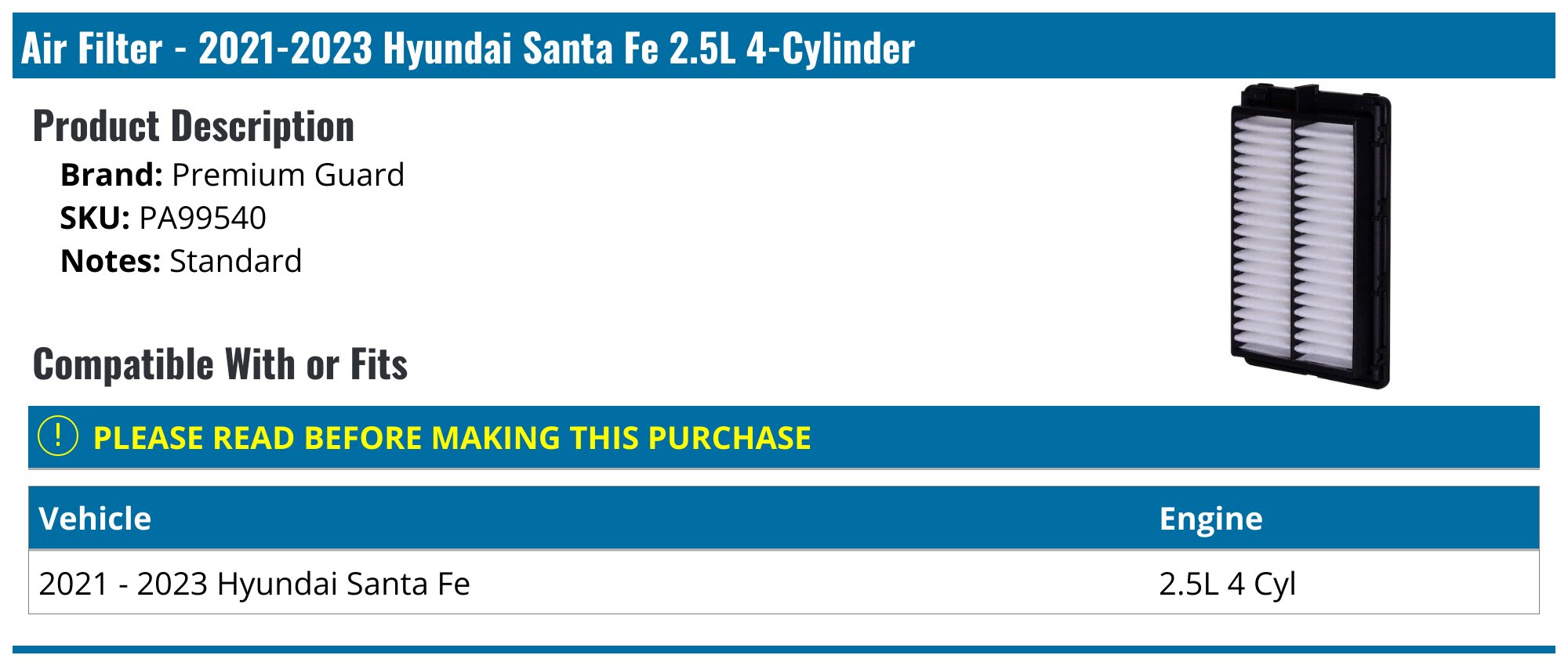 20212023 Hyundai Santa Fe Air Filter Premium Guard PA99540