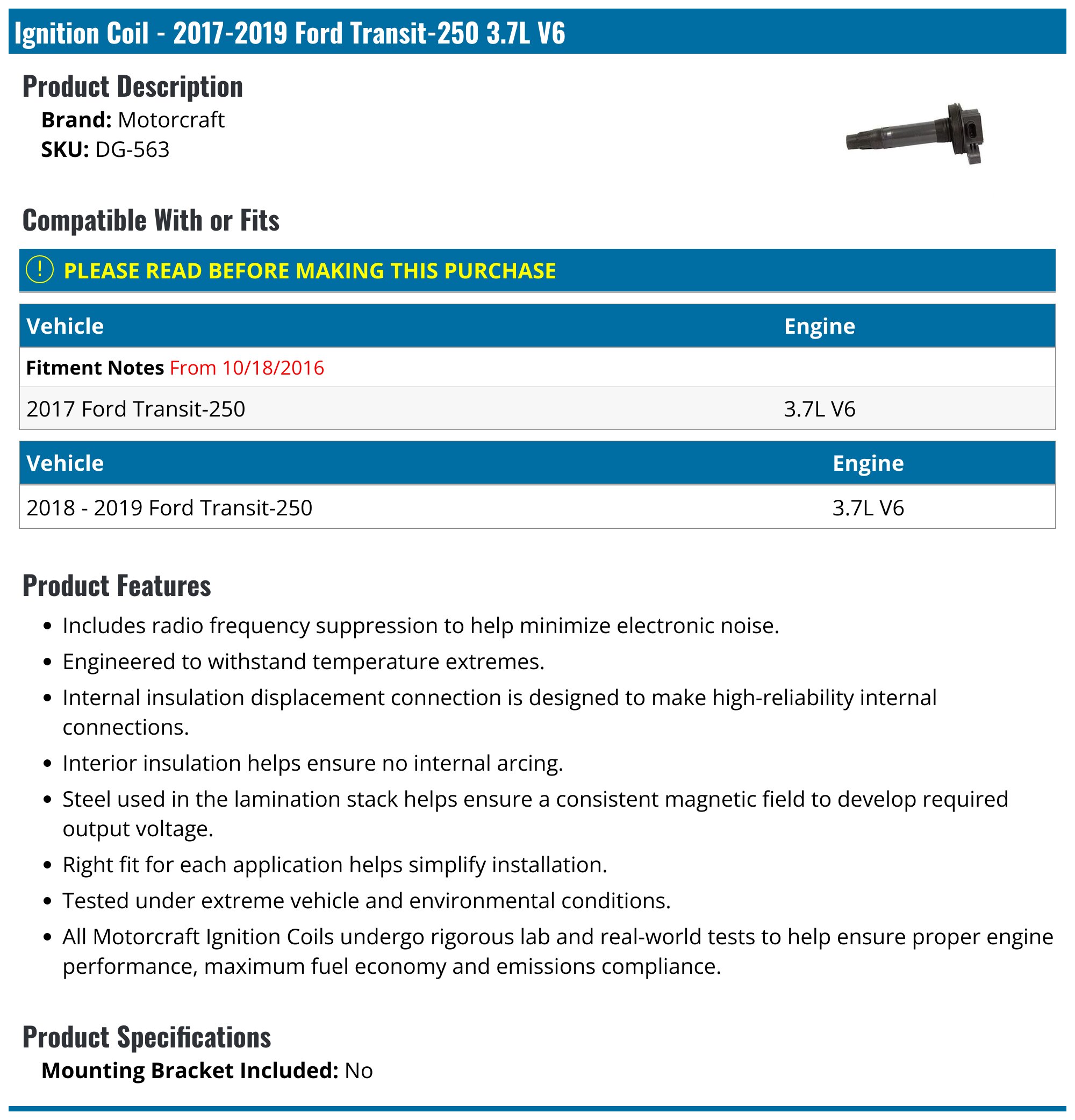 2017-2019 Ford Transit-250 Ignition Coil - Motorcraft DG-563 ...