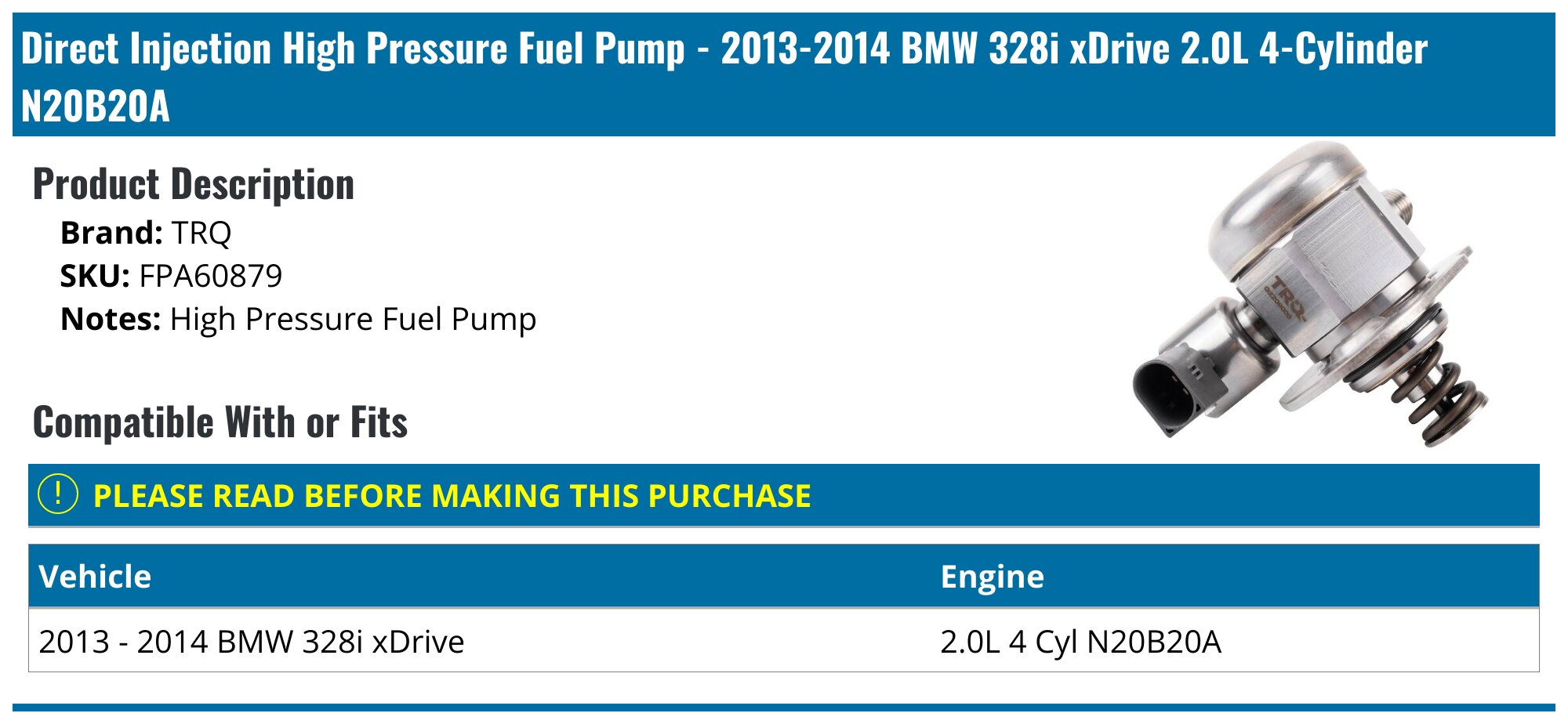 2013-2014 BMW 328i xDrive Fuel Pump - TRQ FPA60879 - PartsGeek.com