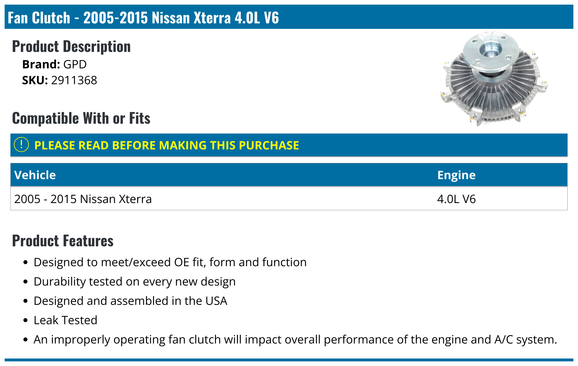 20052015 Nissan Xterra Fan Clutch GPD 2911368