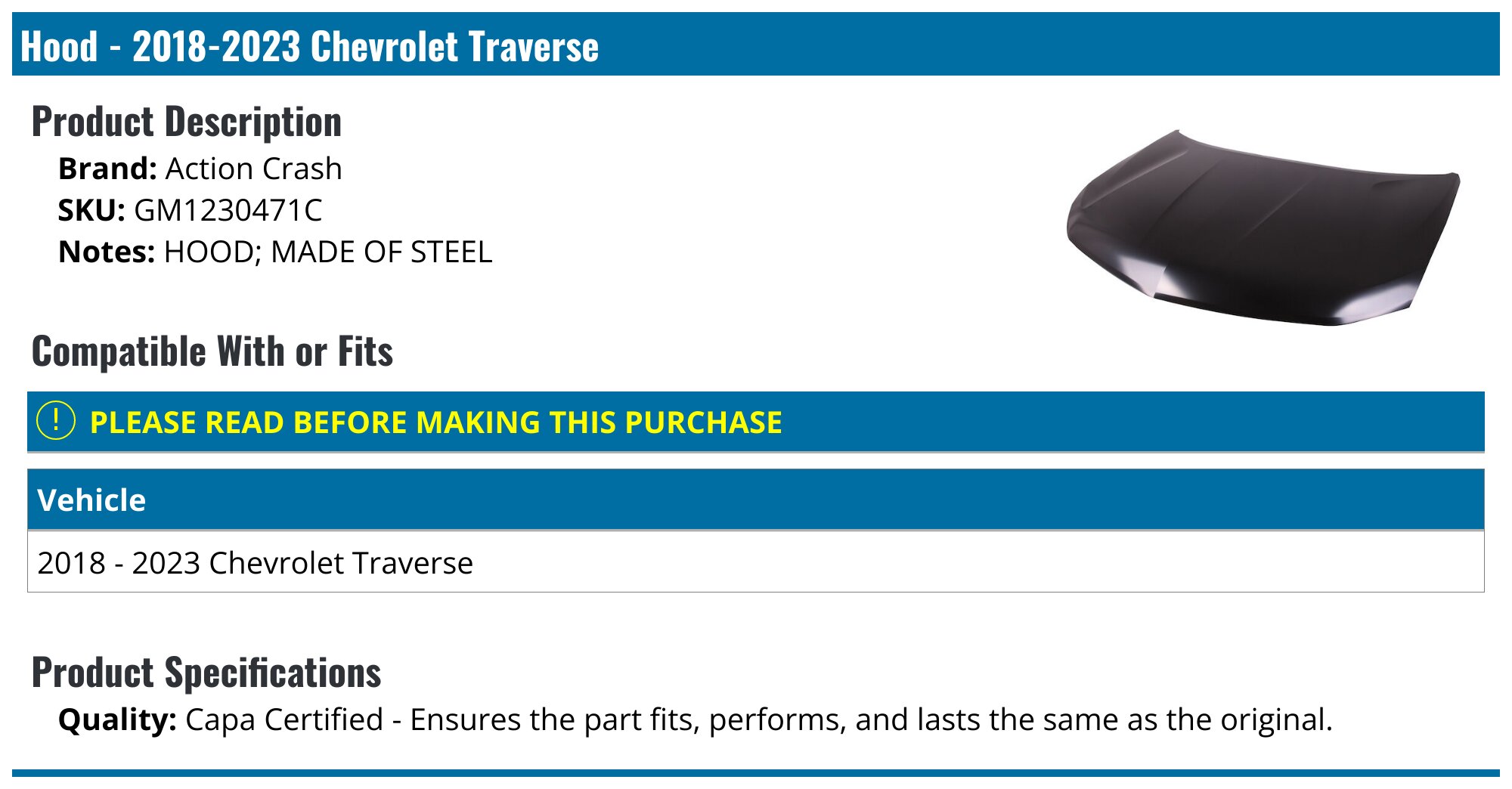2018-2023 Chevrolet Traverse Hood - Action Crash GM1230471C - PartsGeek.com