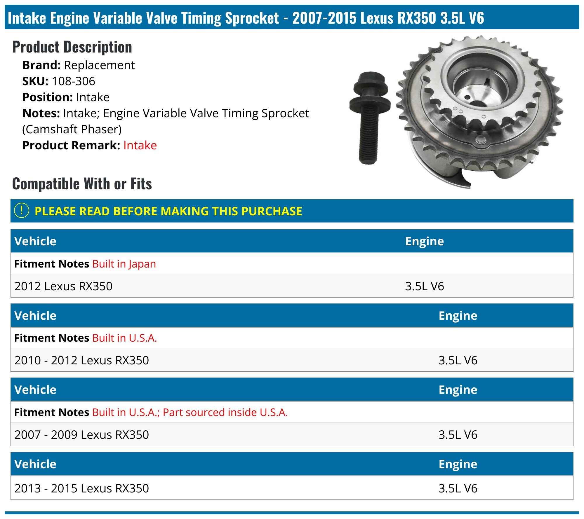 Lexus Rx Vvt 2007-2015 Lexus RX350 Engine Variable Valve Timing Sprocket ...