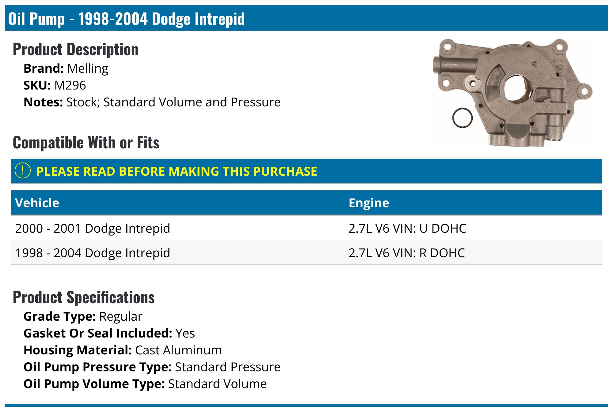 19982004 Dodge Intrepid Oil Pump Melling M296