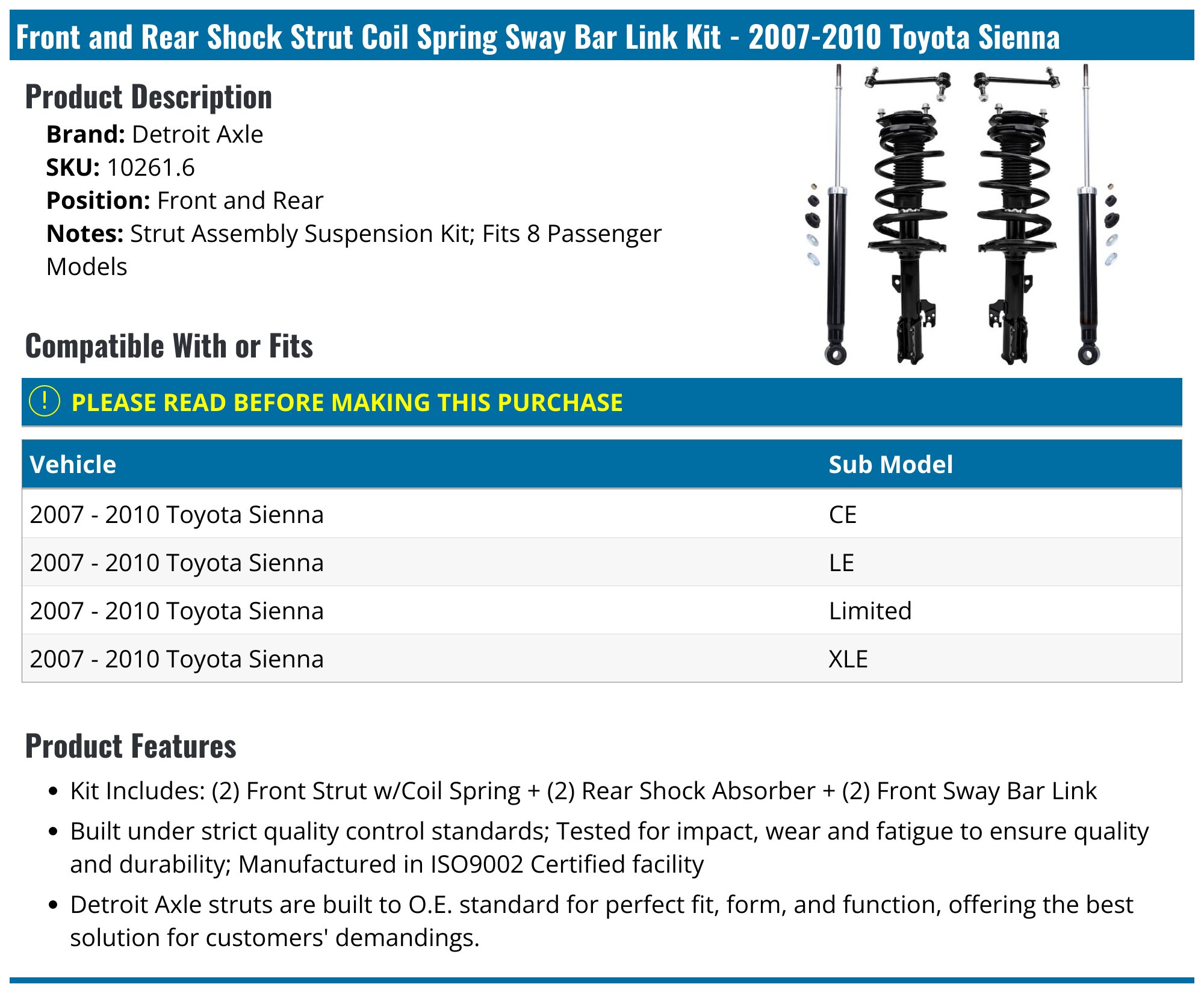 AutoShack Front Complete Strut & Coil Spring Rear Shock Absorbers Replacement For 2007 2010 Toyota Sienna 3 5l V6 Awd Fwd Sus030400742