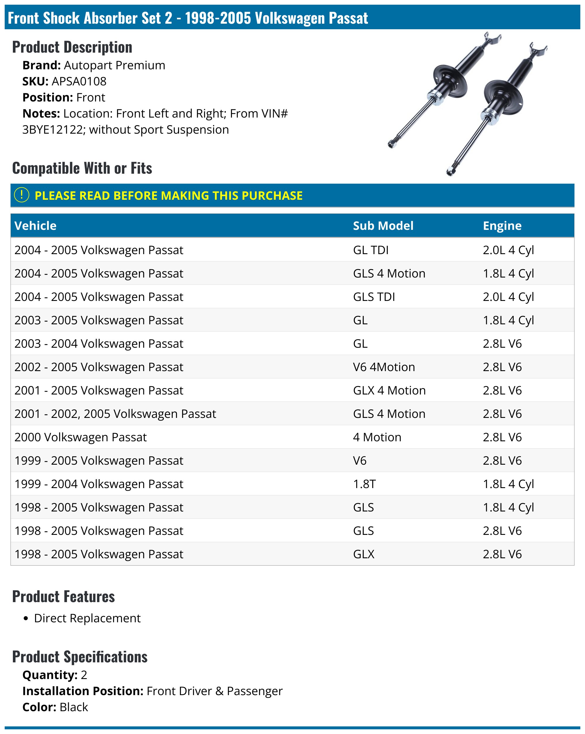 DREXLER Rear Shock Absorbers For VW Passat B8 (3G2, CB2) 2014+ – Twin Tube Gas Shocks (Pair)