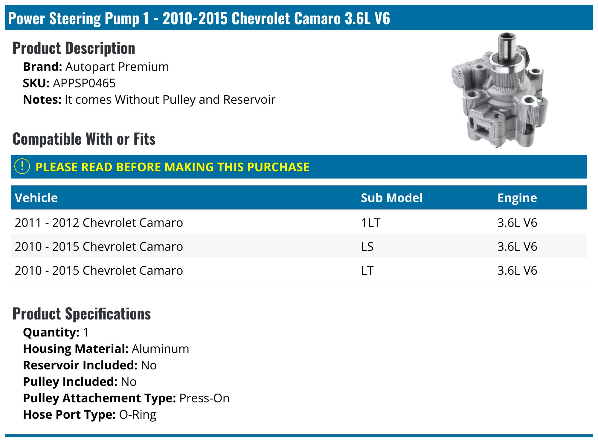 Landmonstershop Fuel Pump For 2010-2015 Chevy Camaro V8 3.6L – In-Tank, Direct Fit, With Gasket & Float