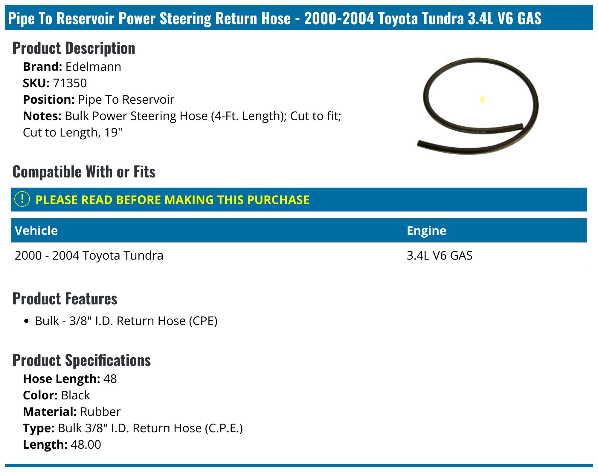 2000-2004 Toyota Tundra Power Steering Return Hose - Edelmann 71350