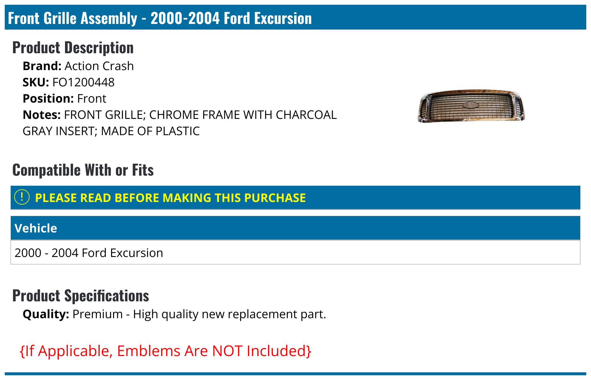 Replacement® 2001 Ford Excursion Limited - Grille, Painted Black Shell
