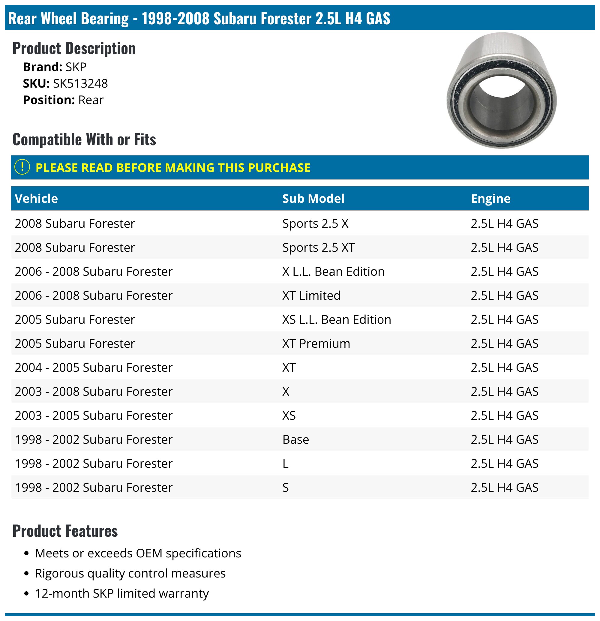 LOSTAR Front Wheel Hub & Bearing Assembly For 1998-2002 Subaru Forester 2.5L H4 – Left & Right