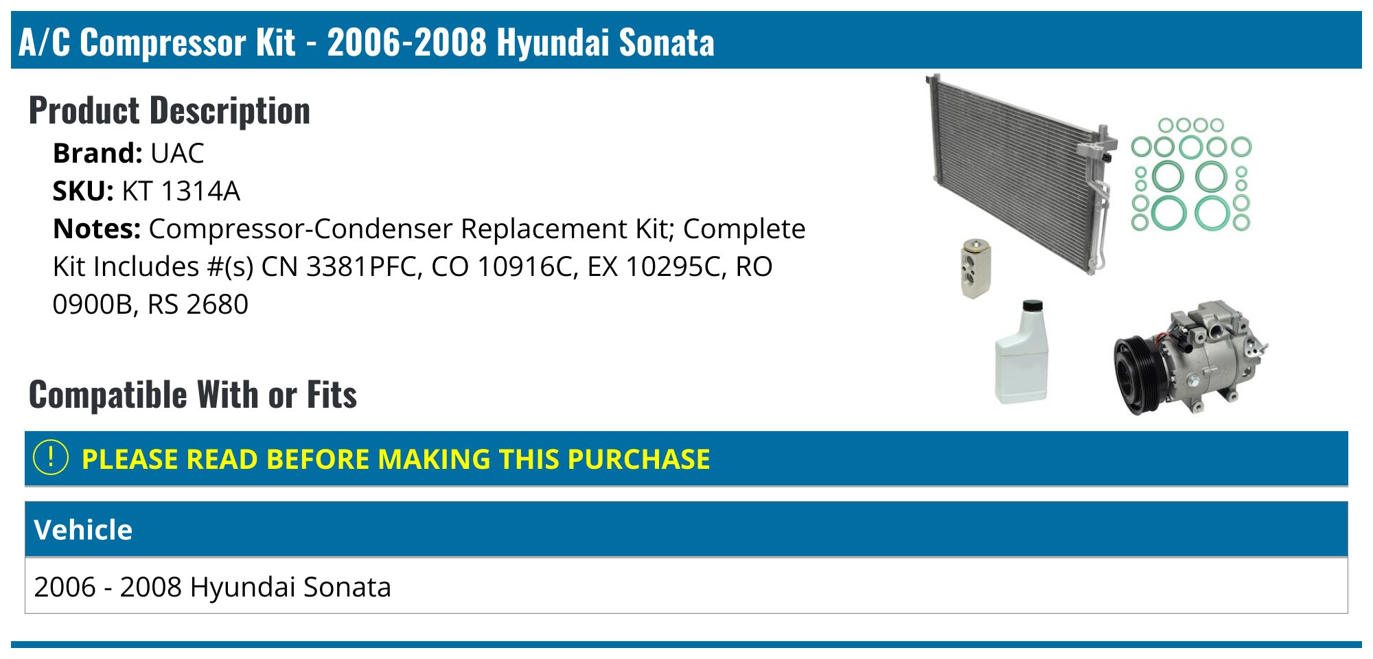 GEGOCOMP A/C Compressor & Condenser Kit – For 2011 Hyundai Sonata, OEM VS16 KTC8317, Reman