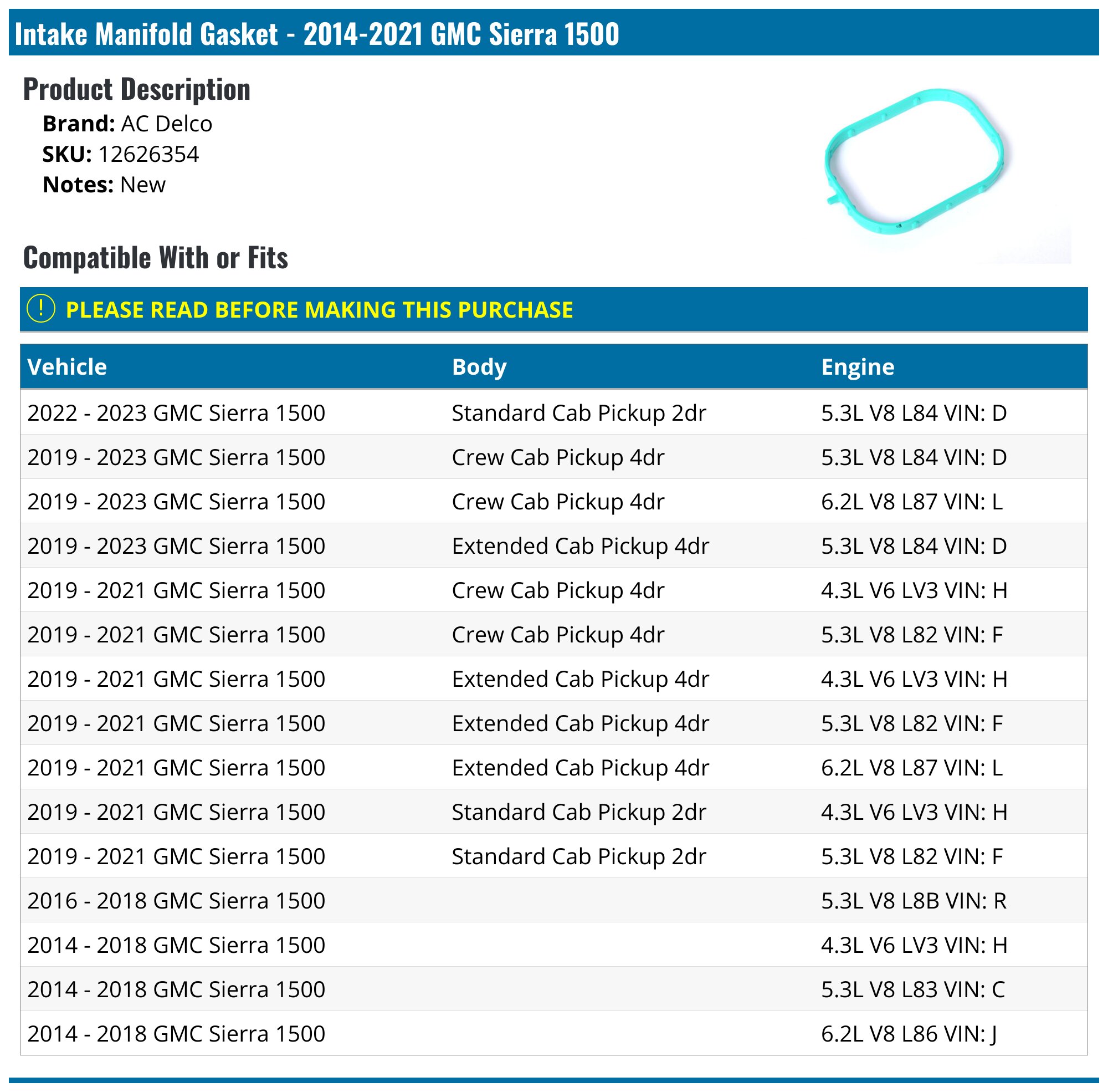 Replacement For 12626354 HiSport 8 PCS Engine Intake Manifold Gasket Runner 5.3L 6.2L V8 Gaskets