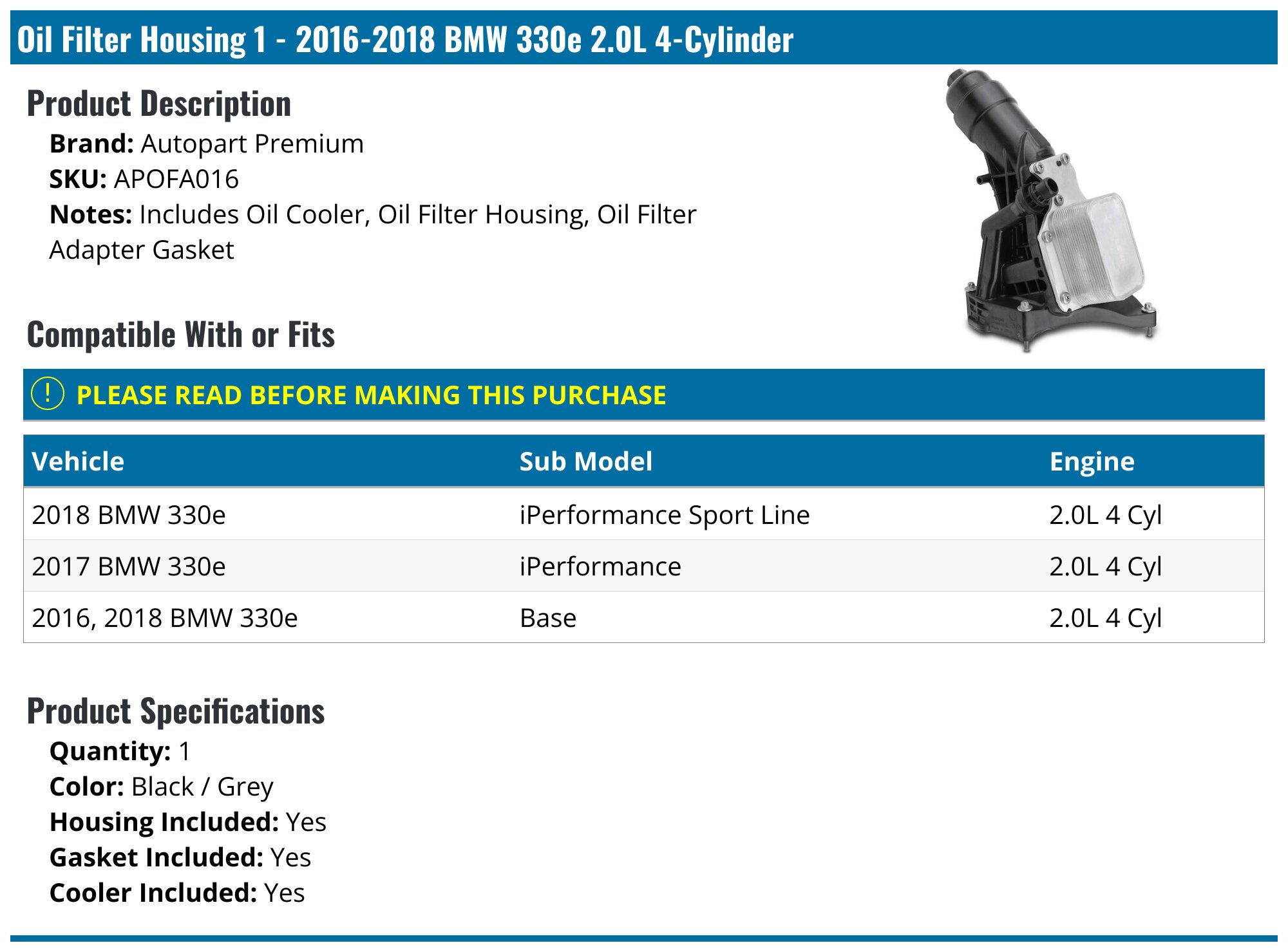 2016-2018 BMW 330e Oil Filter Housing - Autopart Premium APOFA016 ...