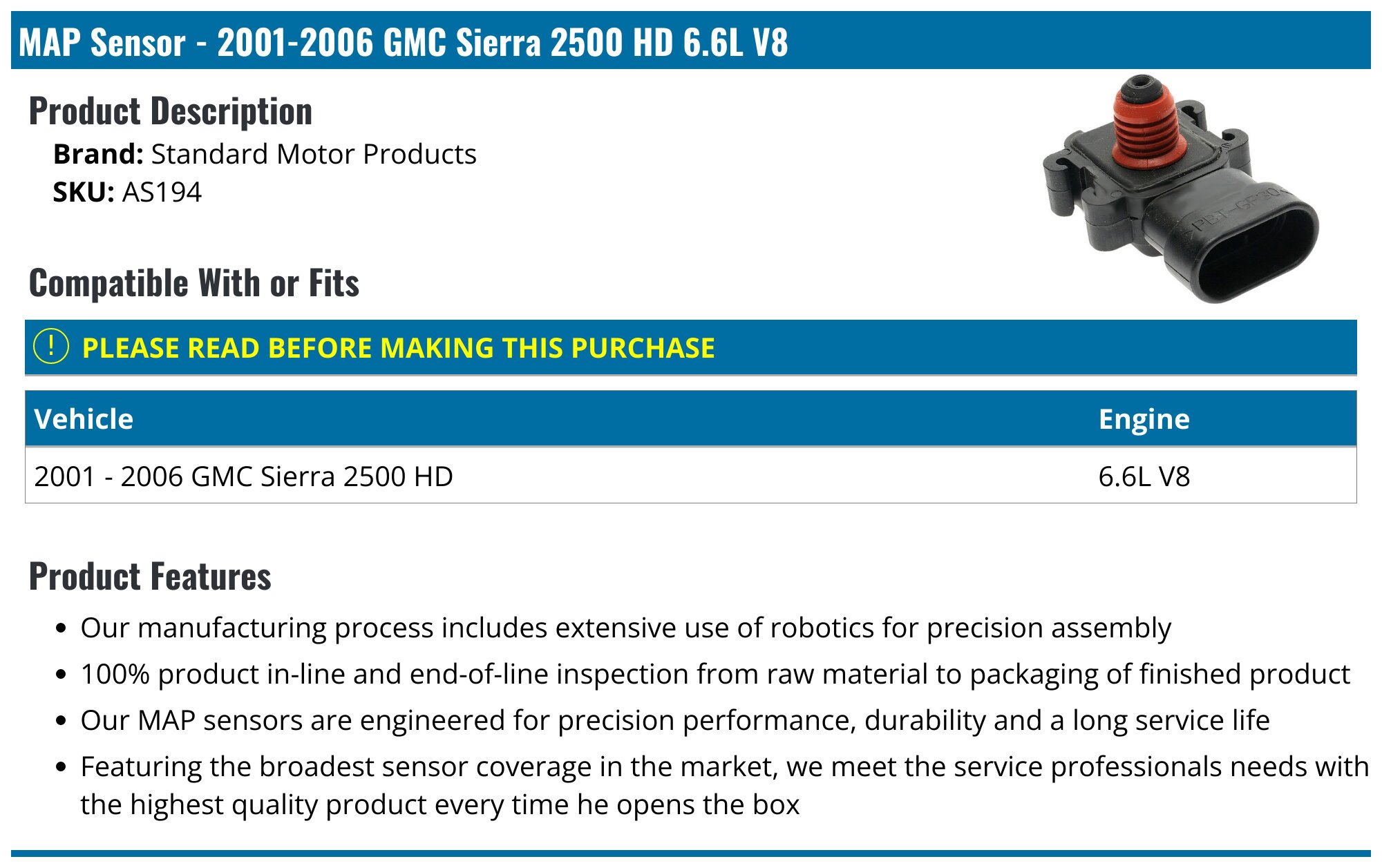 2001-2006 GMC Sierra 2500 HD MAP Sensor - Standard Motor Products AS194 ...