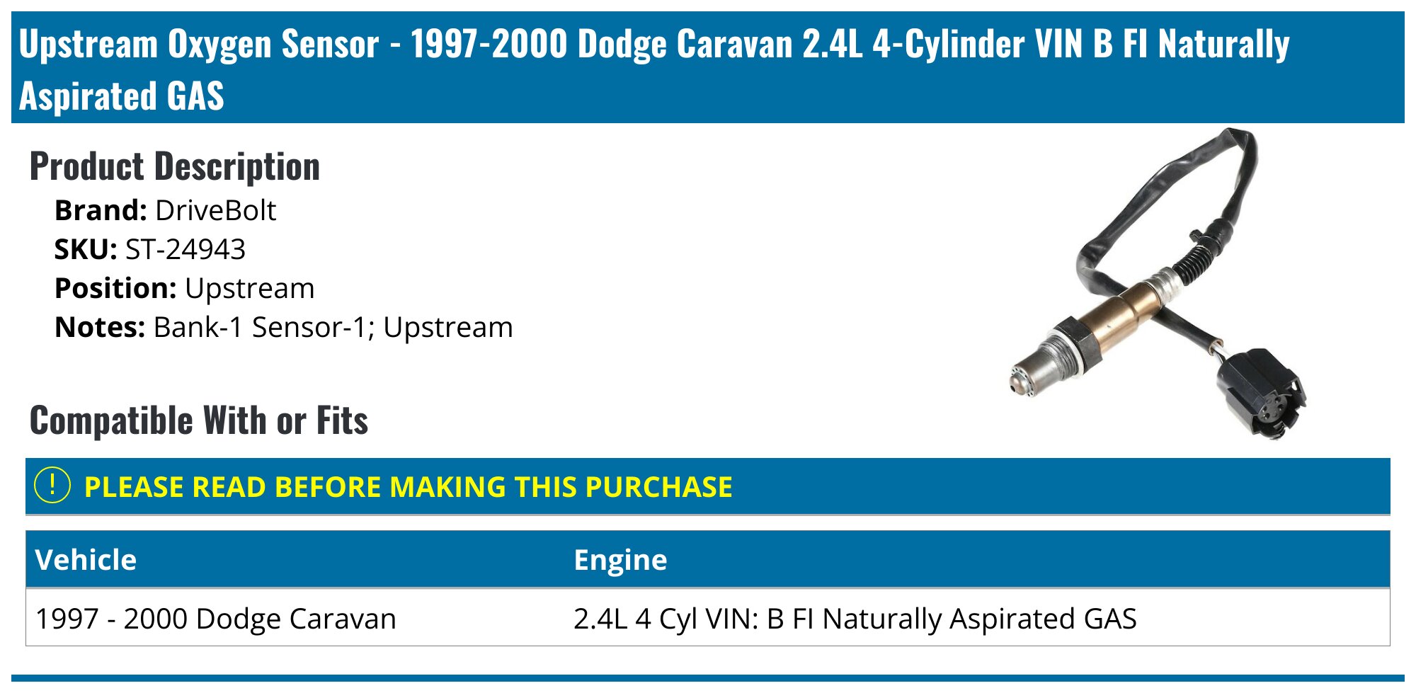 Downstream O2 Oxygen Sensor for Dodge Grand Caravan Chrysler Town& Country 01-03