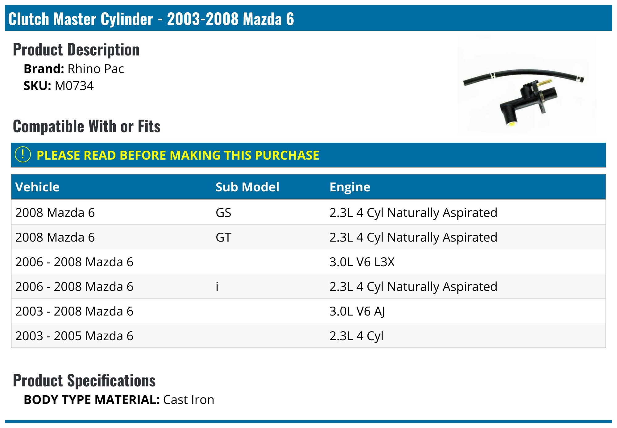20032008 Mazda 6 Clutch Master Cylinder Rhino Pac M0734