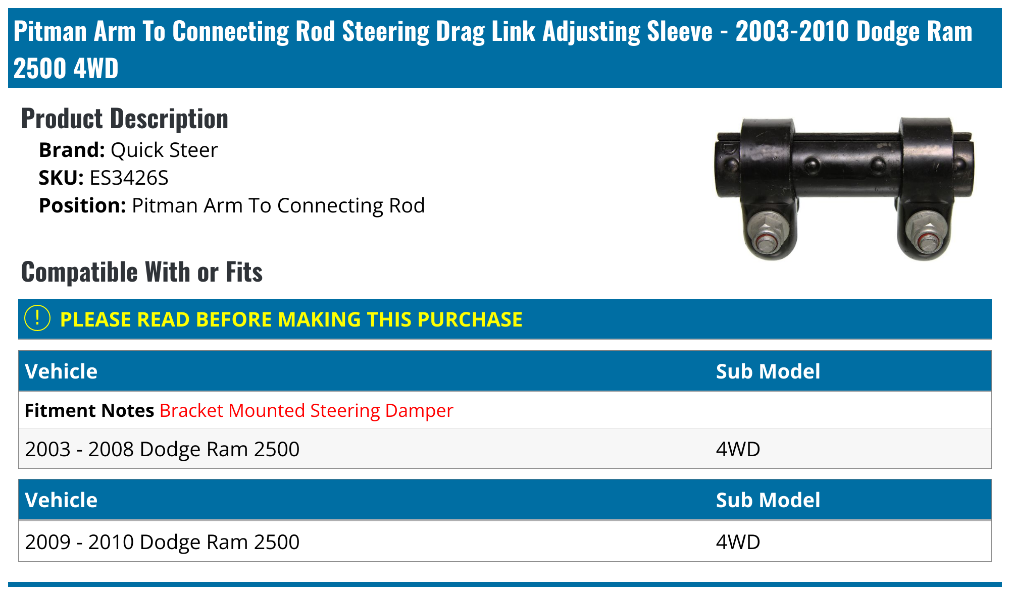 20032010 Dodge Ram 2500 Tie Rod End Adjusting Sleeve Quick Steer