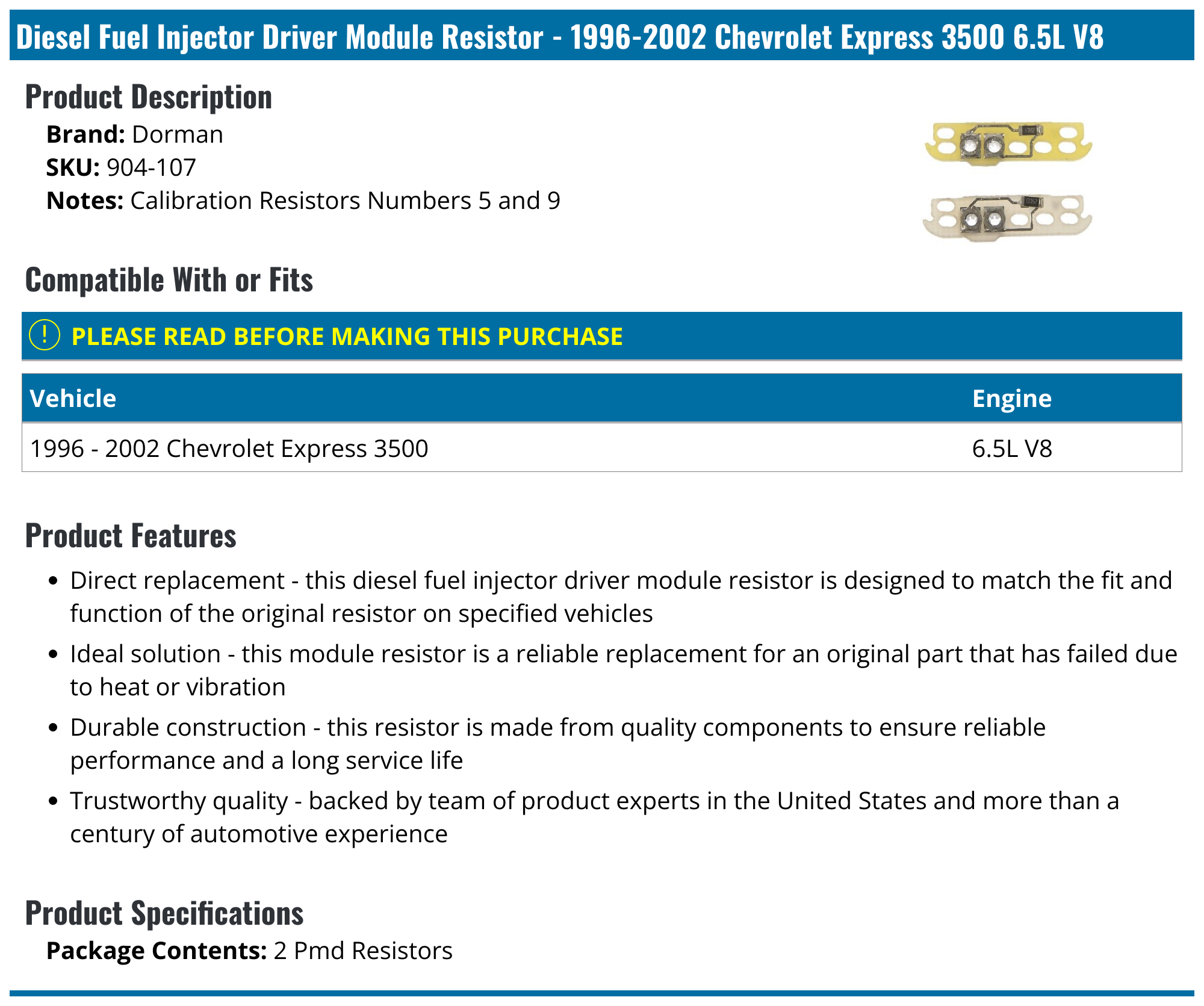 19962002 Chevrolet Express 3500 Diesel Fuel Injector Driver Module Resistor Dorman 904107