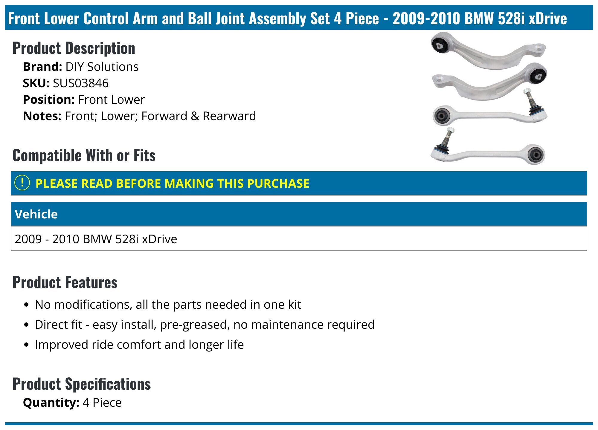 TRQ Front Lower Forward Rearward Control Arm Ball Joint Set Kit