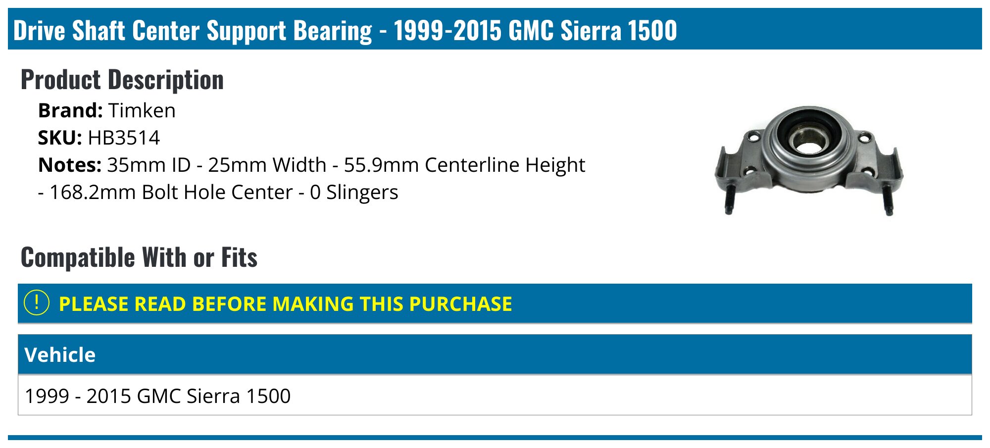 19992015 GMC Sierra 1500 Drive Shaft Center Support Bearing Timken