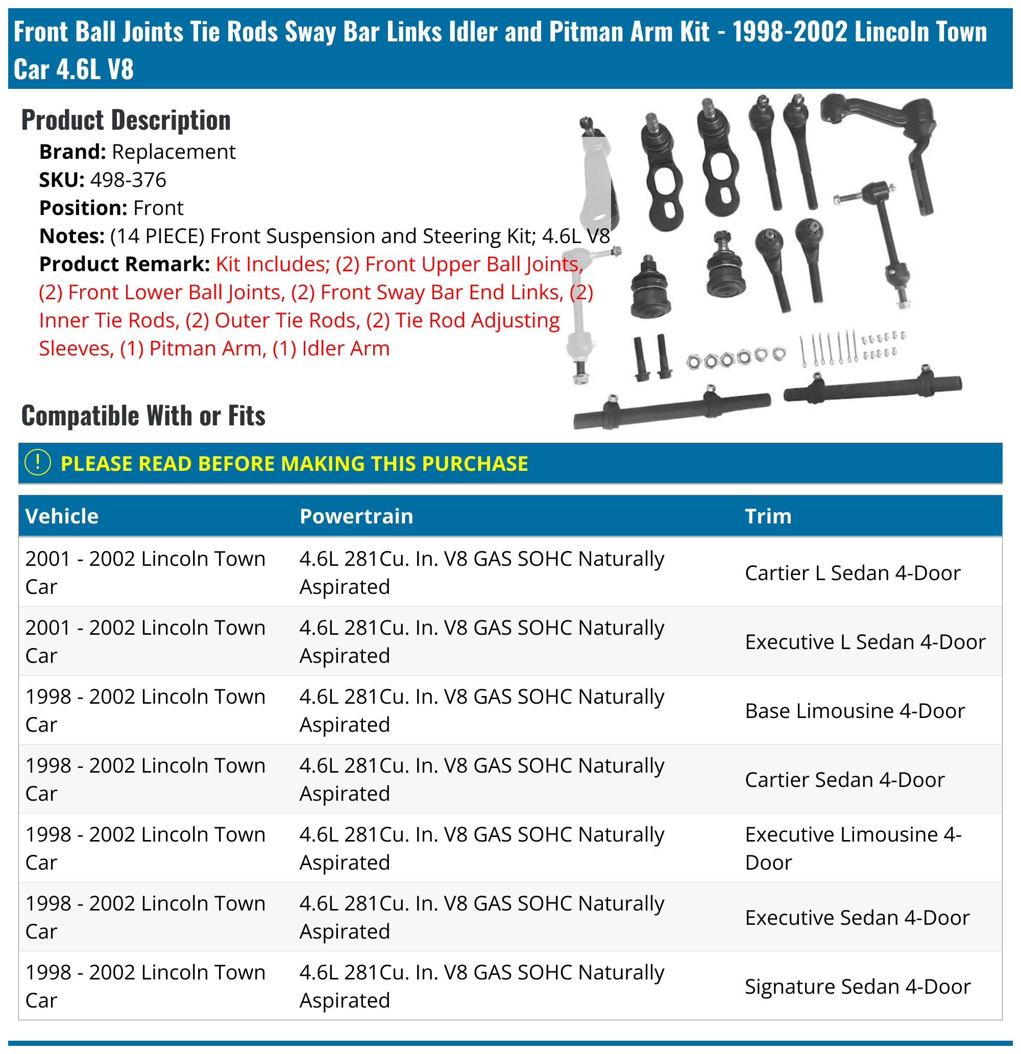 19982002 Lincoln Town Car Ball Joint Replacement 498376 Front