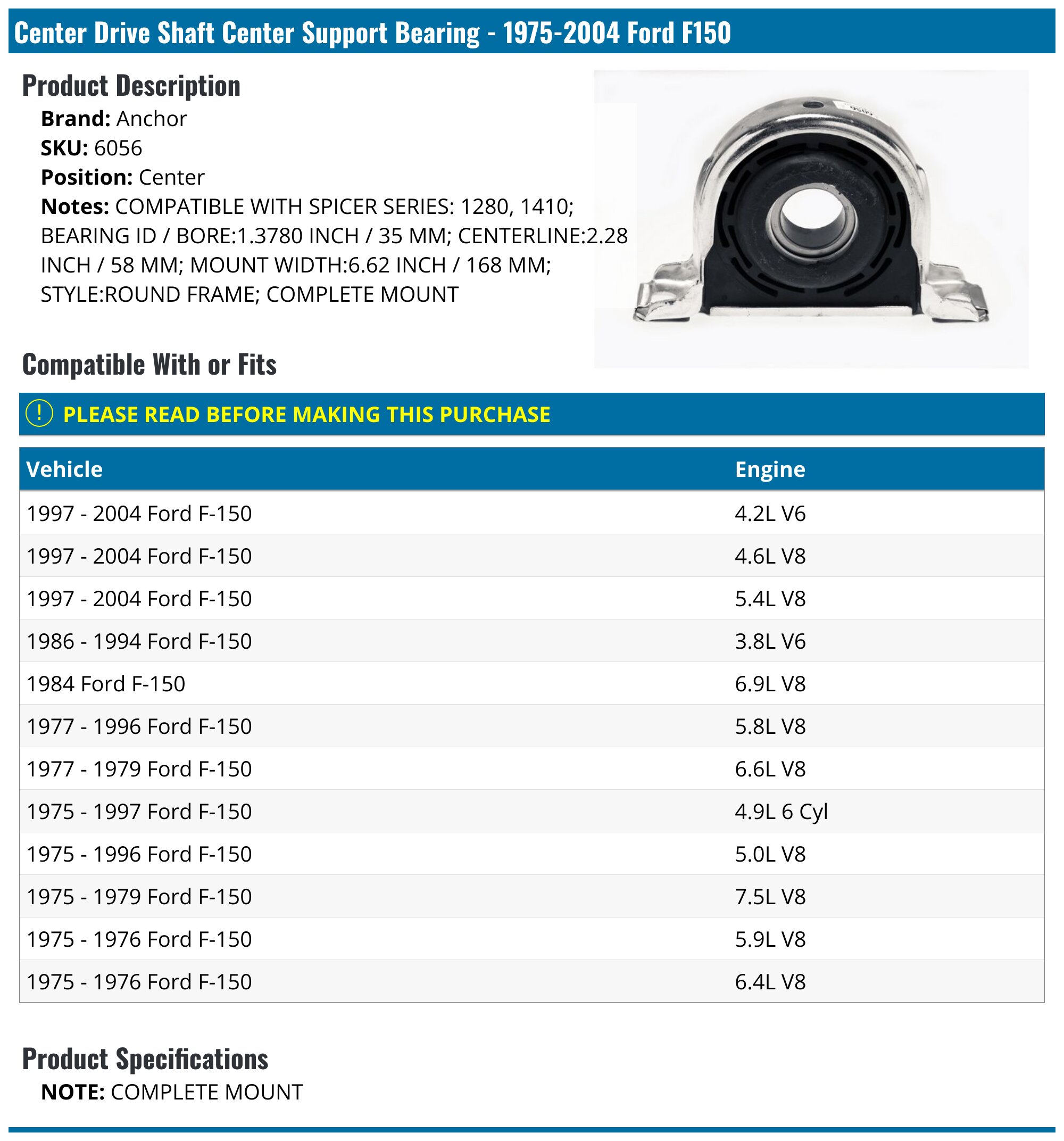 19752004 Ford F150 Drive Shaft Center Support Bearing Anchor 6056 Center