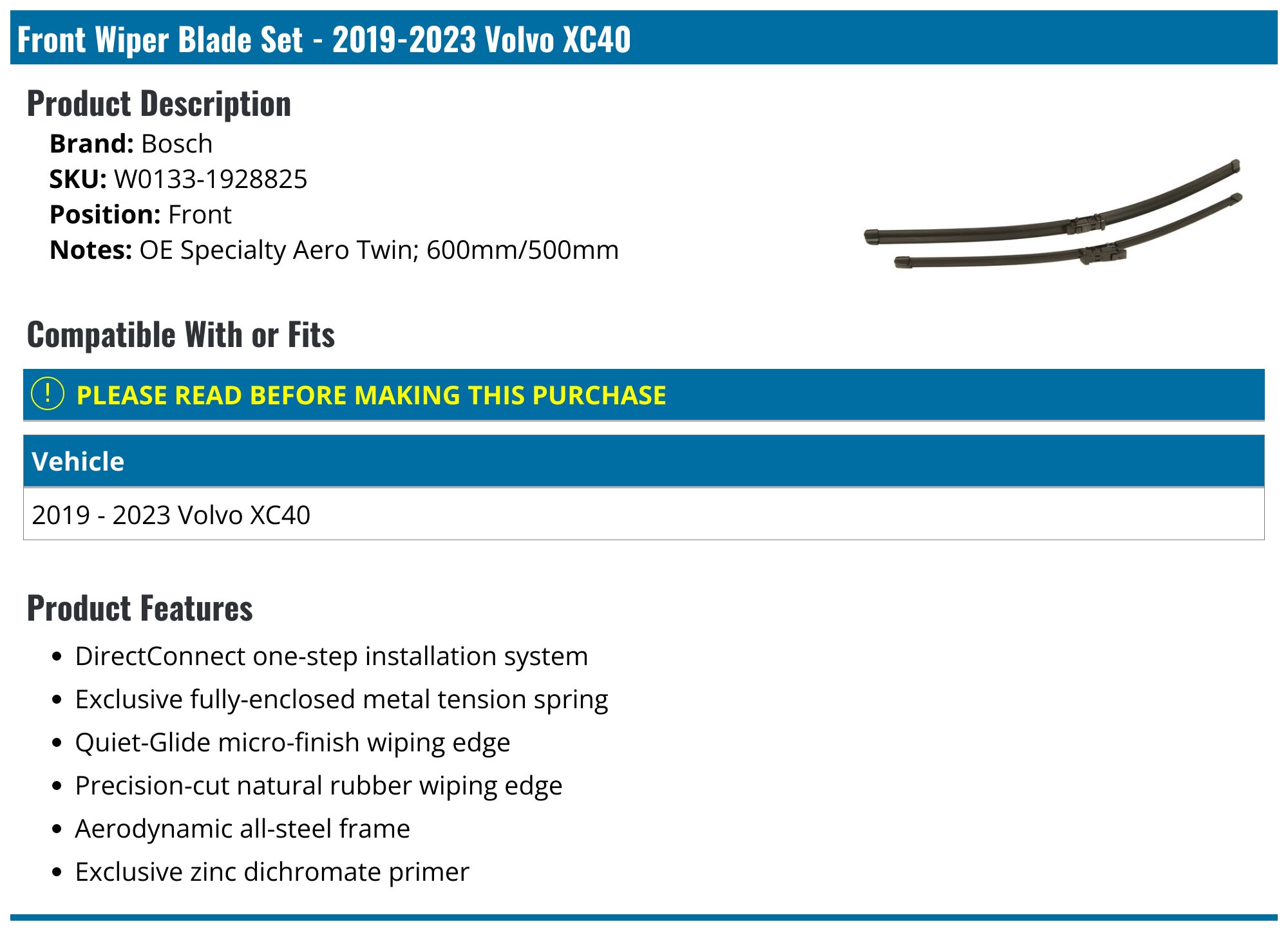 BOSCH WIPER BLADES DIRECT CONNECT SIZE 22 & 21 Front Left and Right Set