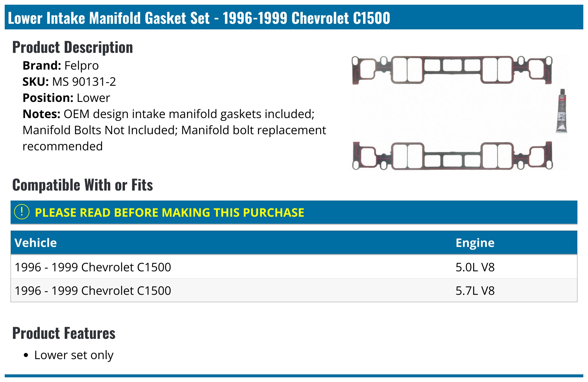 Intake Manifold Gasket Set For 1988-1995 Chevy K1500 – APEX 82183WZ (V8 5.0/5.7L)