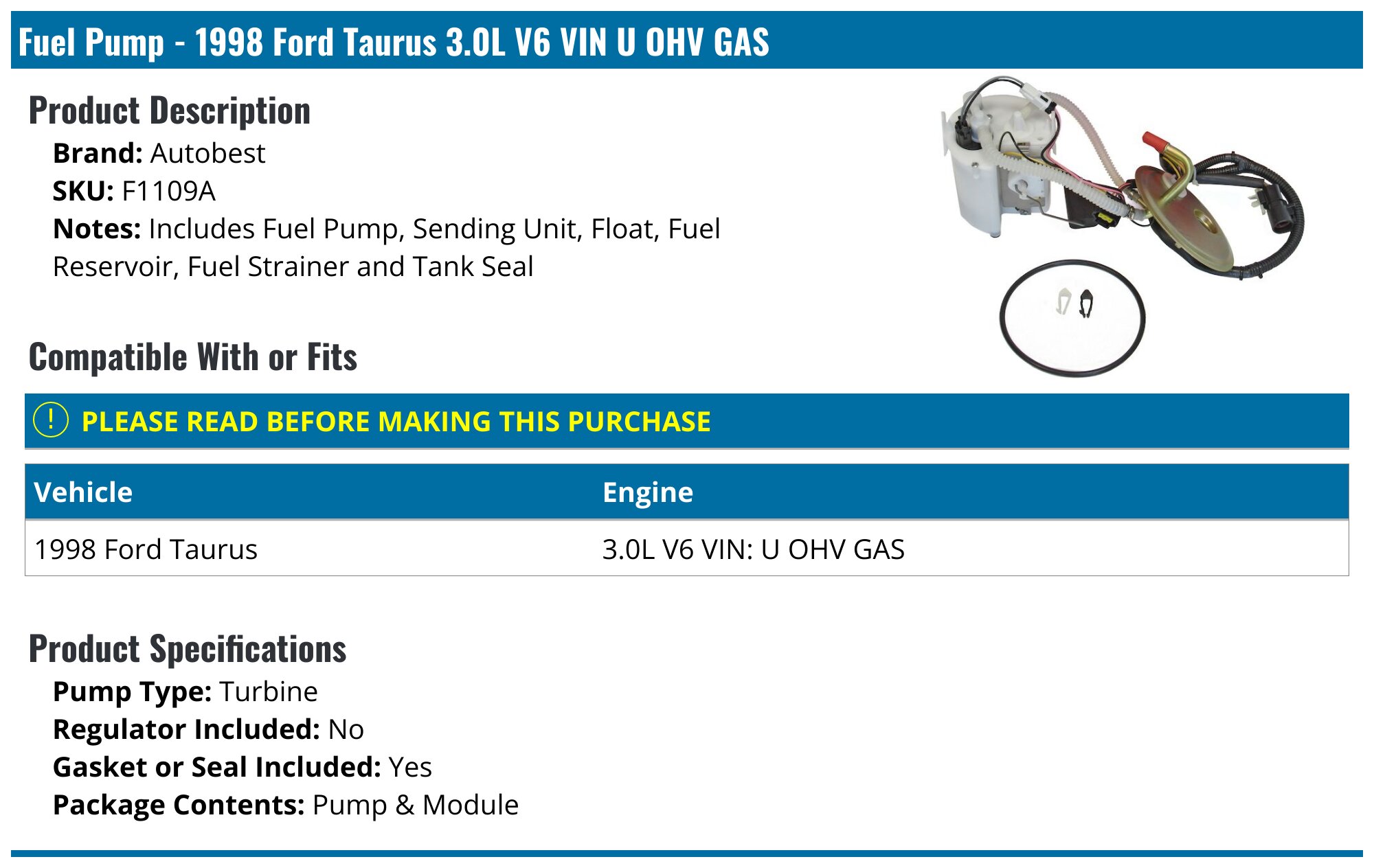 1998 Ford Taurus Fuel Pump Autobest F1109A