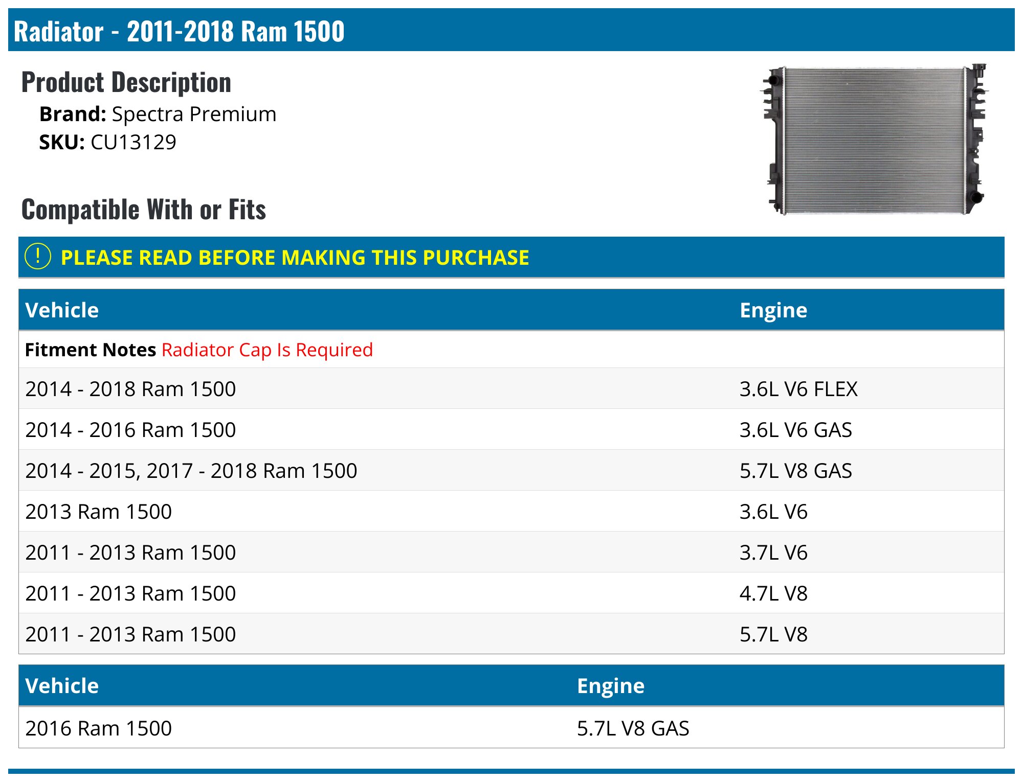 Cu13129 Radiator 2011-2017 Ram 1500 Radiator - Spectra Premium CU13129 - PartsGeek.com
