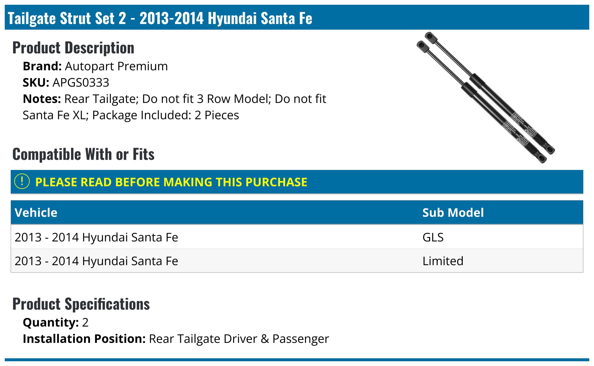 4-Pack Gas Struts Lift Supports For 2001-2006 Hyundai Santa Fe – Hood & Tailgate Kit
