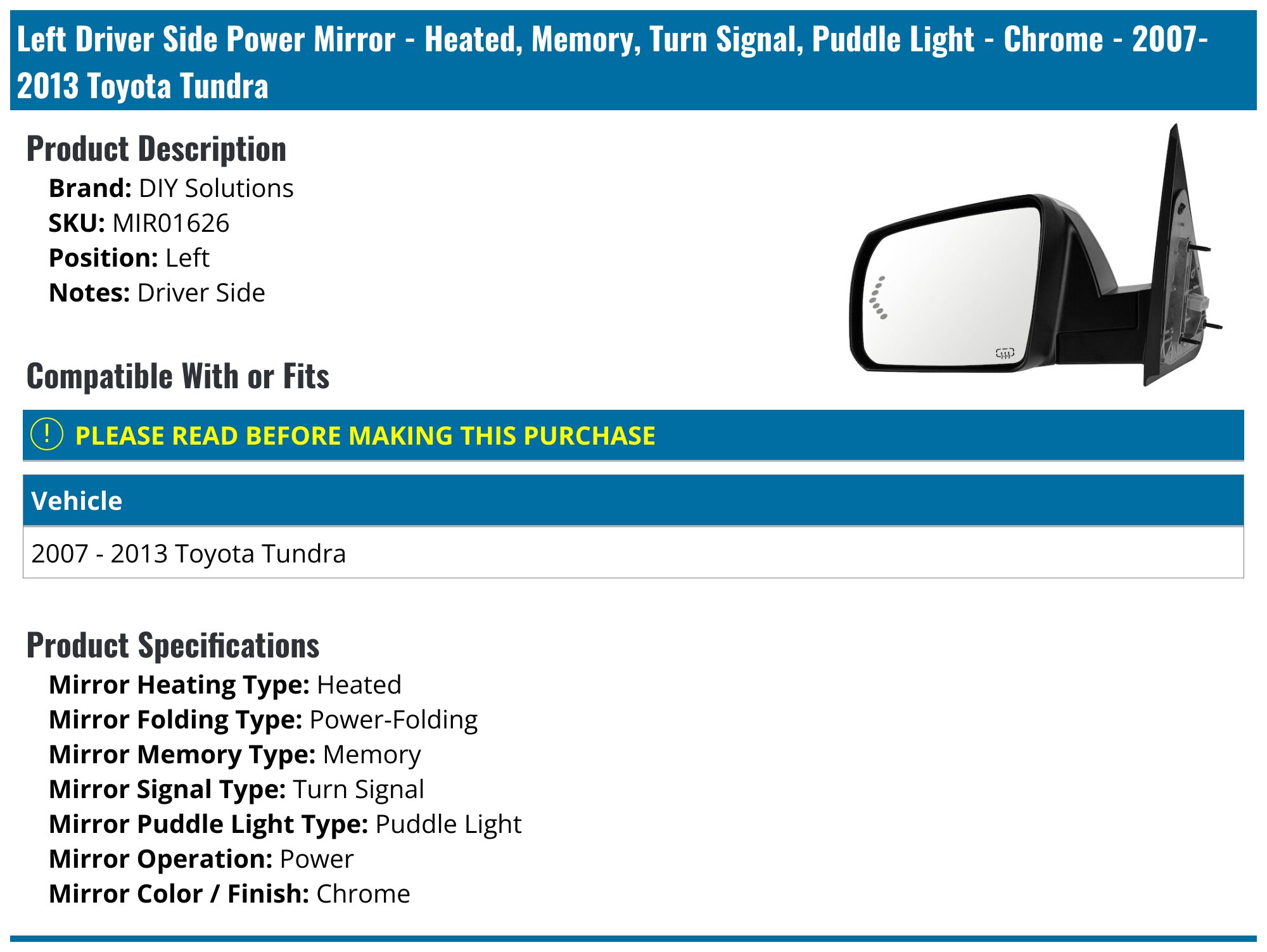 Kool Vue Power Mirror For 2007-2013 Toyota Tundra Driver Side – Heated, Chrome, Power Adjust, Manual Fold