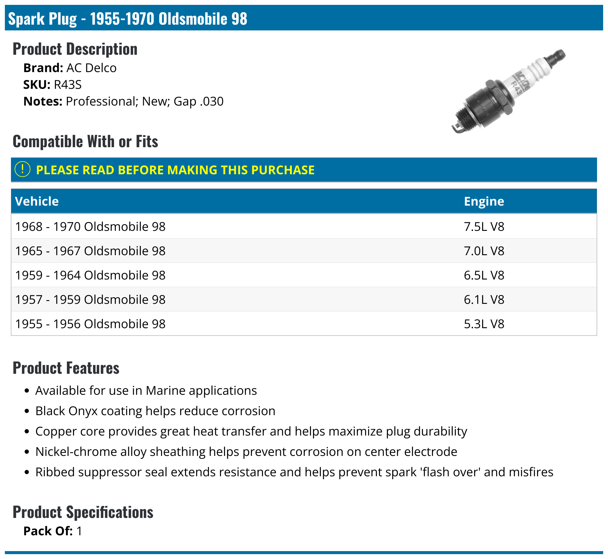 19551970 Oldsmobile 98 Spark Plug AC Delco R43S