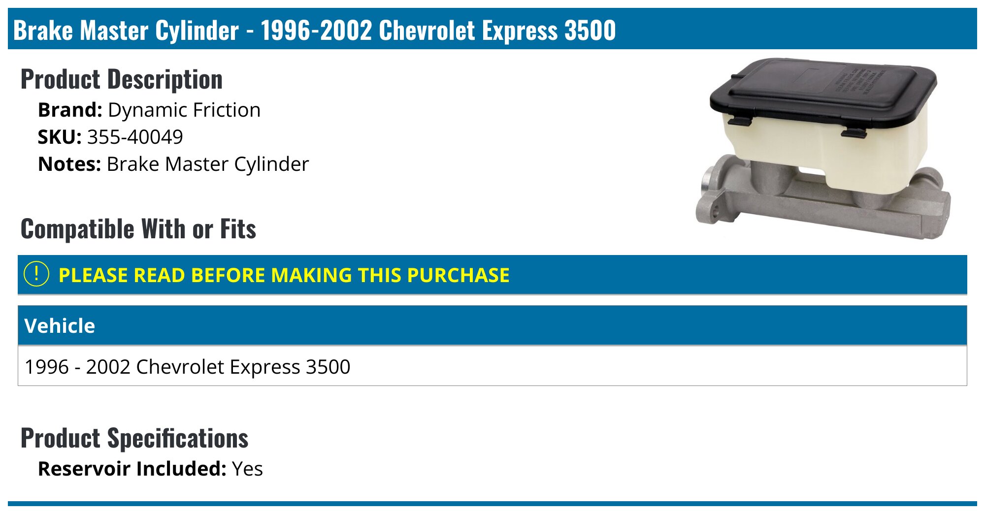 Brake Master Cylinder w/ Reservoir For GMC Savana Chevy