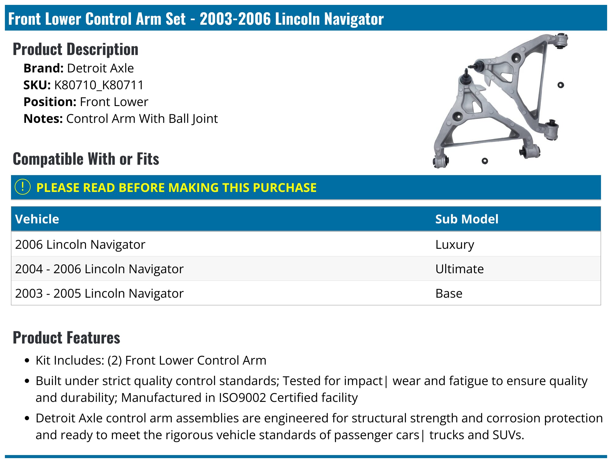 For 2003-2006 Lincoln Navigator Ball Joint Front Lower API 27621JSSC
