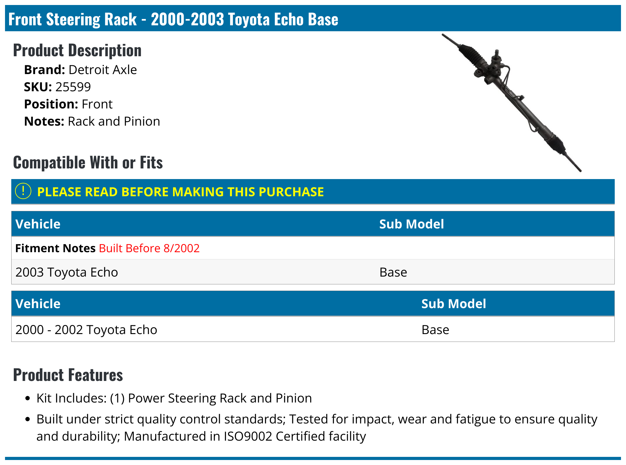 20002003 Toyota Echo Steering Rack Detroit Axle 25599 Front
