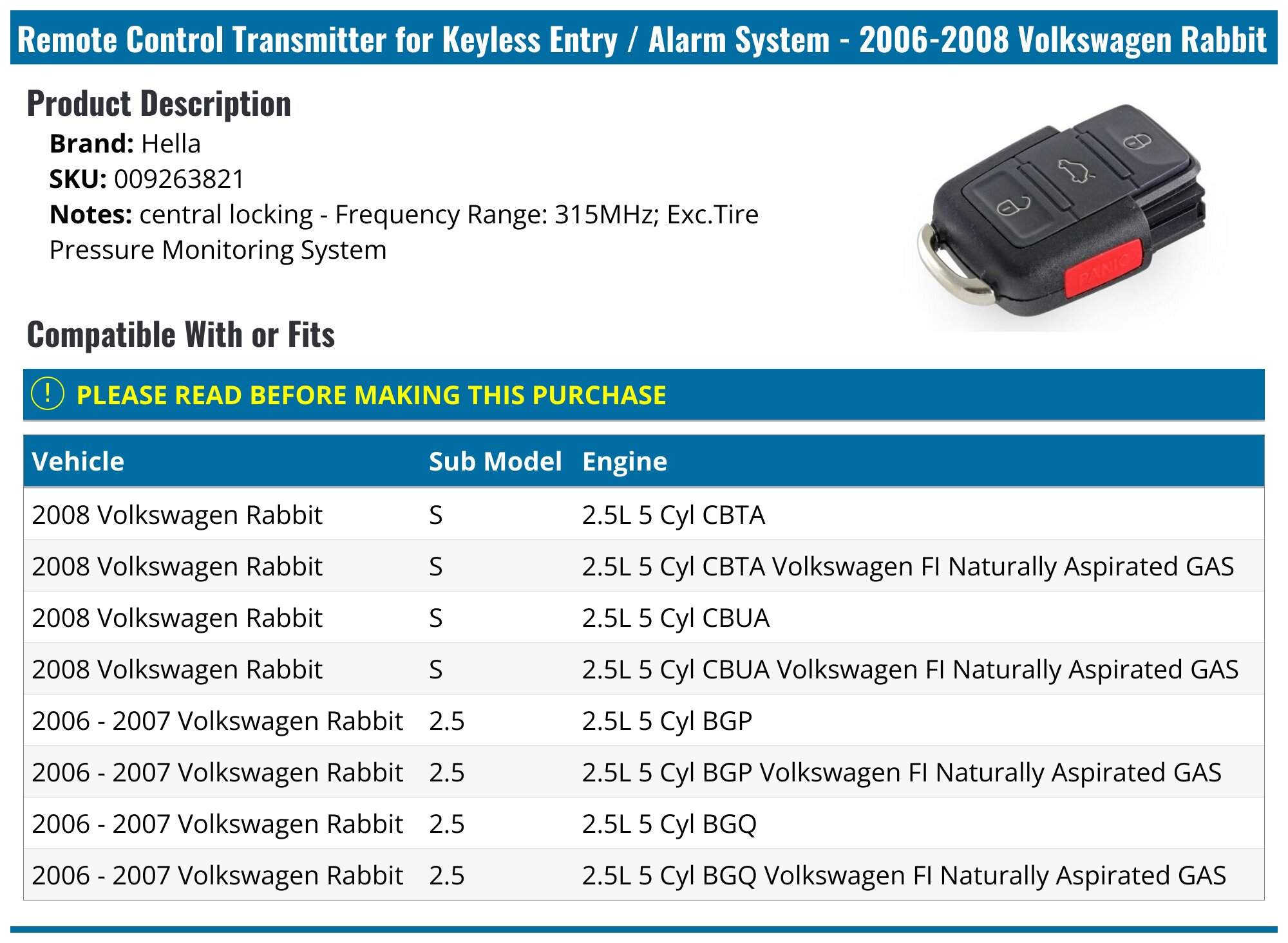 2006-2008 Volkswagen Rabbit Remote Control Transmitter for Keyless ...