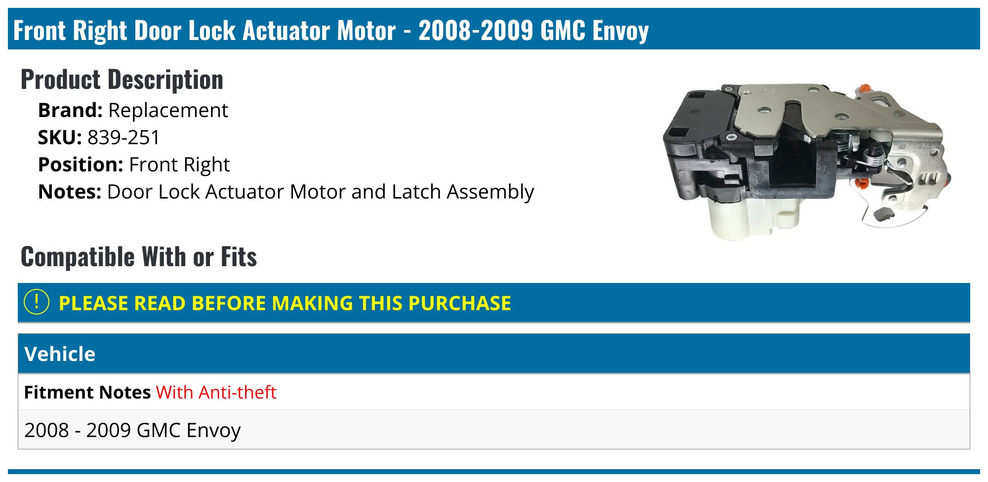 136100 Door Lock Actuator Motor w/Integrated Latch - Auto Parts Direct To