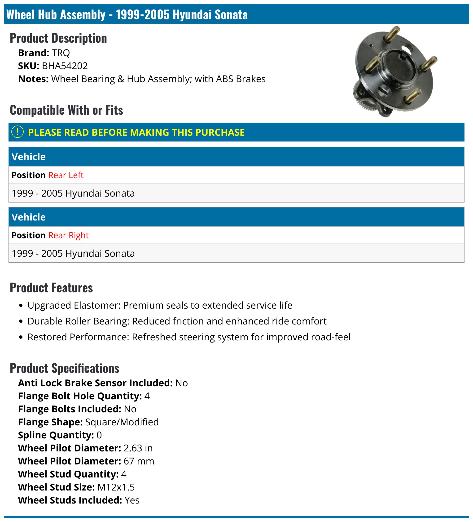 Front Wheel Hub Repair Kit - 2002-2005 Hyundai Sonata