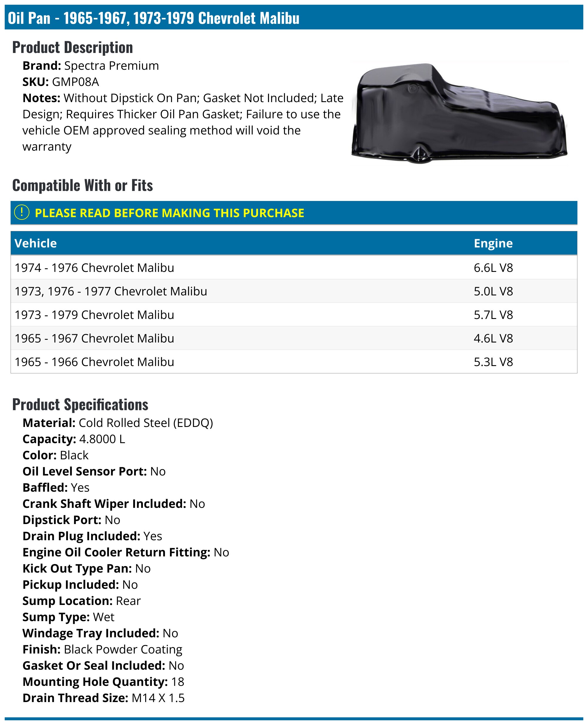 1978-1979 Chevrolet Malibu Oil Pan - Spectra Premium GMP08A - PartsGeek.com