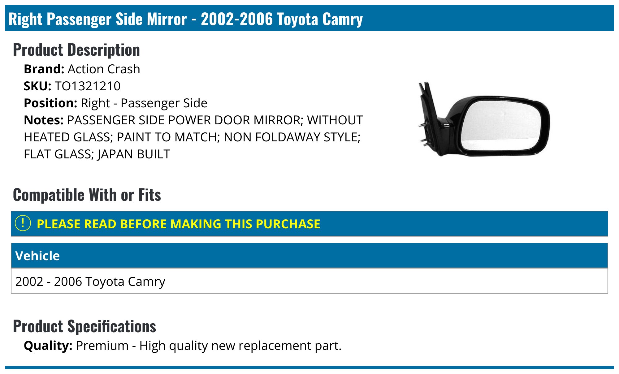 Left Passenger Side Mirror Glass Only For Toyota Camry 1997-2002 - Replacement Glass, Unbranded